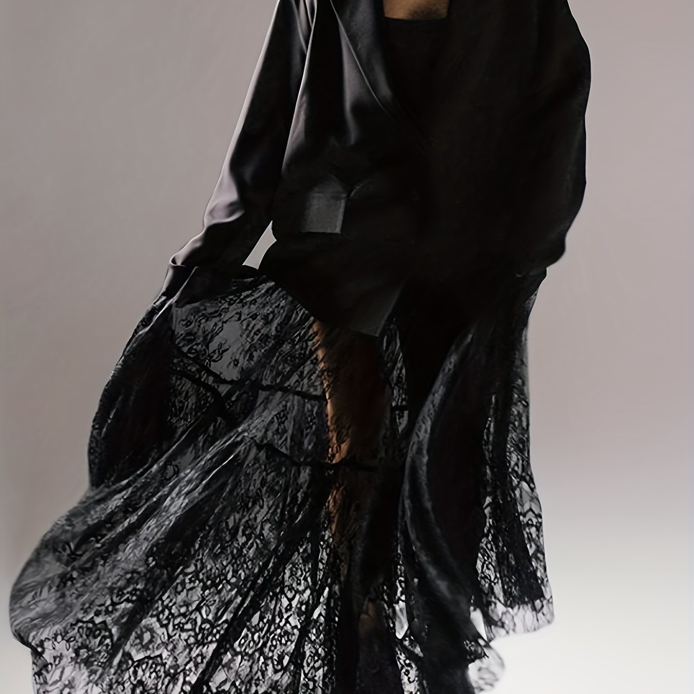 Image of Black Sexy Sheer Lace High-waist Commuter Mini Skirt 2025 European Long Dress Women