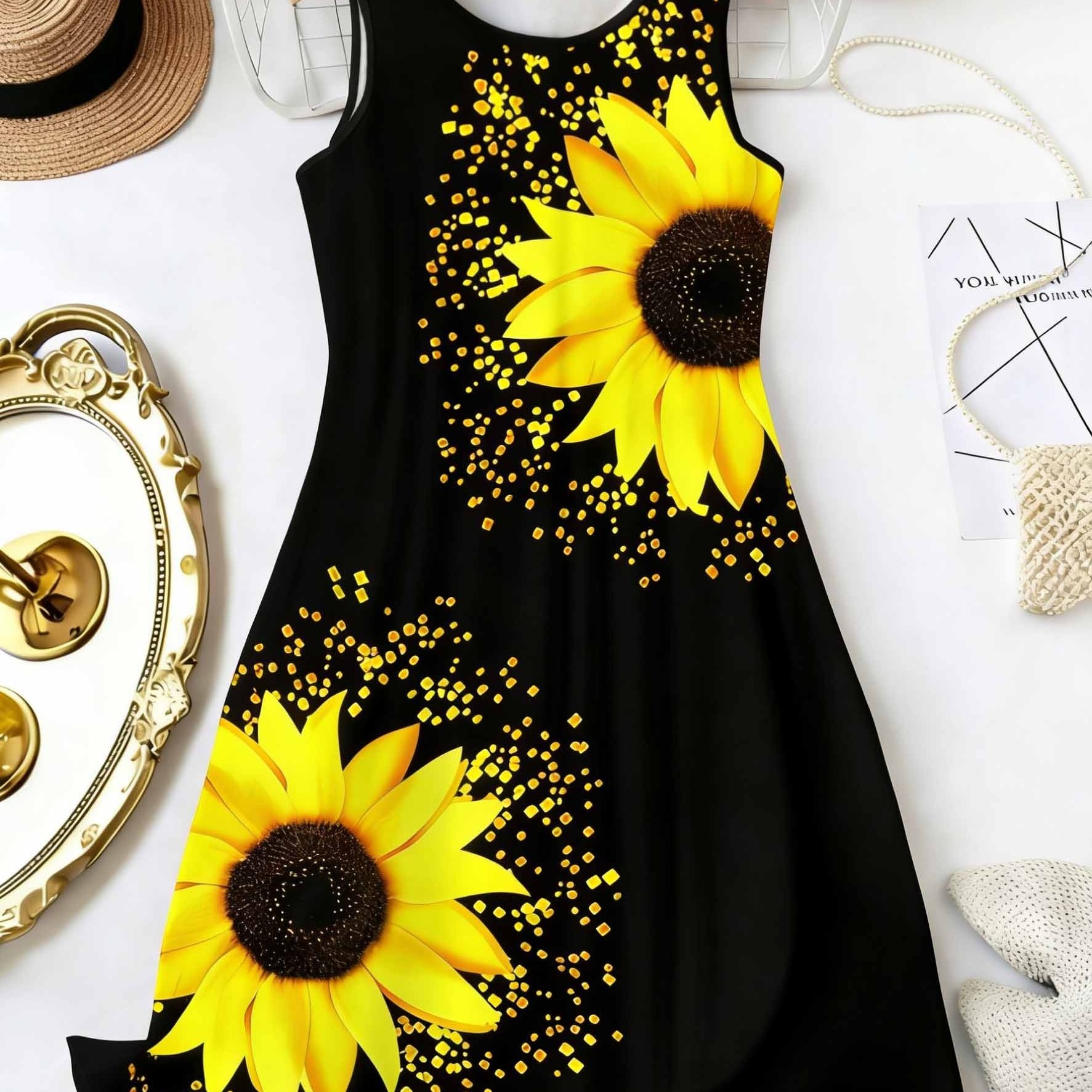 TEMU Summer And Sunflower Print Loose Dress, Women's Fashion Dress, Women's Elegant Vacation Dress, , Casual Comfortable Dress