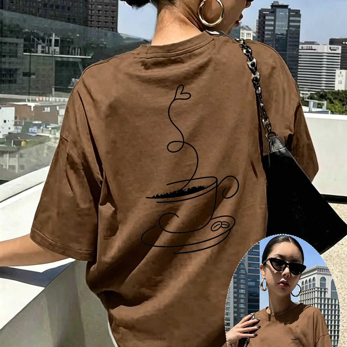 TEMU Front And Back Printed Short-sleeve T-shirt Featuring A Coffee Cup And Pattern, Women'-piece Trendy Casual Top, Short-sleeve Crewneck Casual Top