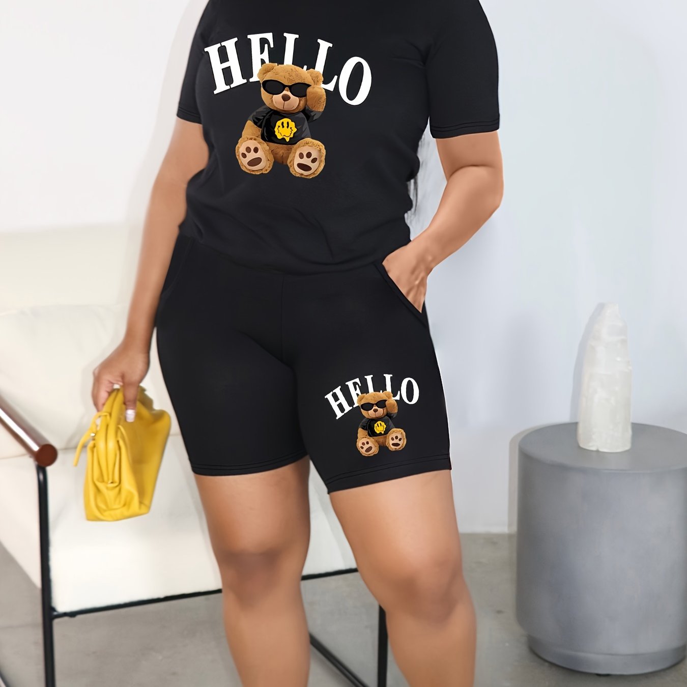 Image of Teddy Bear Print Shorts Set, Casual Crew Neck Short Sleeve Top & Elastic Waist Skinny Shorts Outfits, Women's Clothing