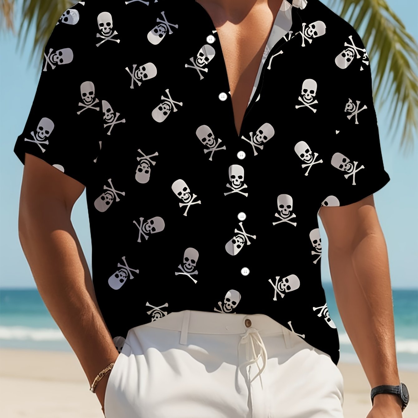 TEMU Nueva camisa casual de manga corta para hombre con un negro de varios diseños de calaveras blancas, para fiestas navideñas y viajes diarios. de