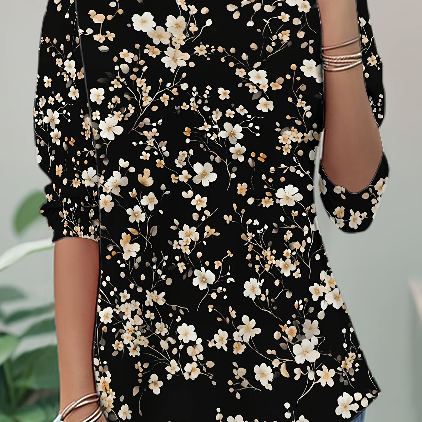 TEMU Black Long Sleeved Round Neck Top With White Floral Pattern Simple And Versatile For Women