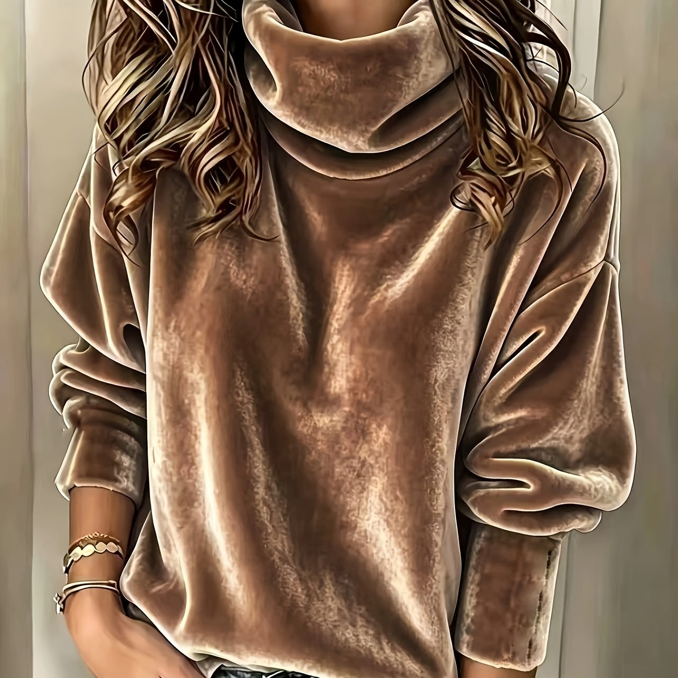 TEMU Targeted Development: New Arrival European And American Women's Fashion, Casual Autumn/winter Solid Color Velvet With High Neck Long Sleeve Top