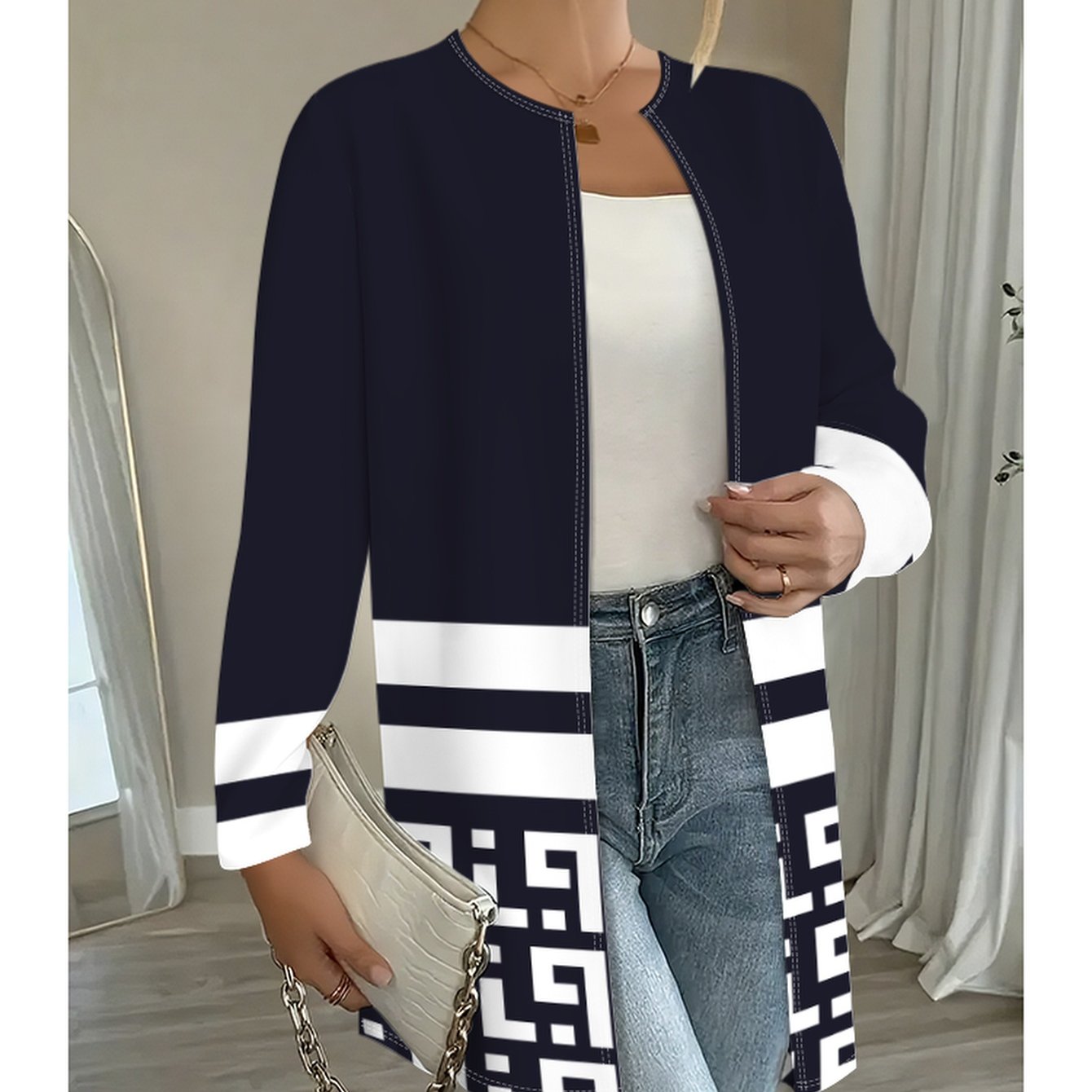 TEMU Navy Base White Geometric Pattern High-quality Women's Clothing Women's Printed Long Sleeve Cardigan - Comfortable Printed Jacket, Suitable For