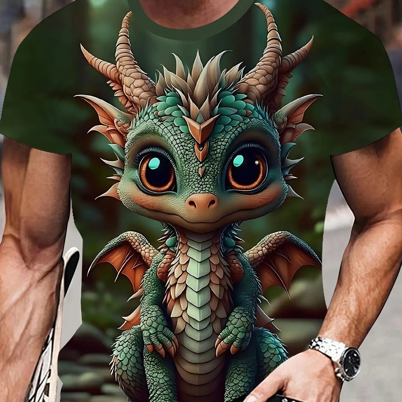 TEMU Men's 3d Cute Mythical Dragon Pattern T-shirt - And Design, Casual Short-sleeve Round Neck Top, Plus Size Style, Fashion Print, Lightweight