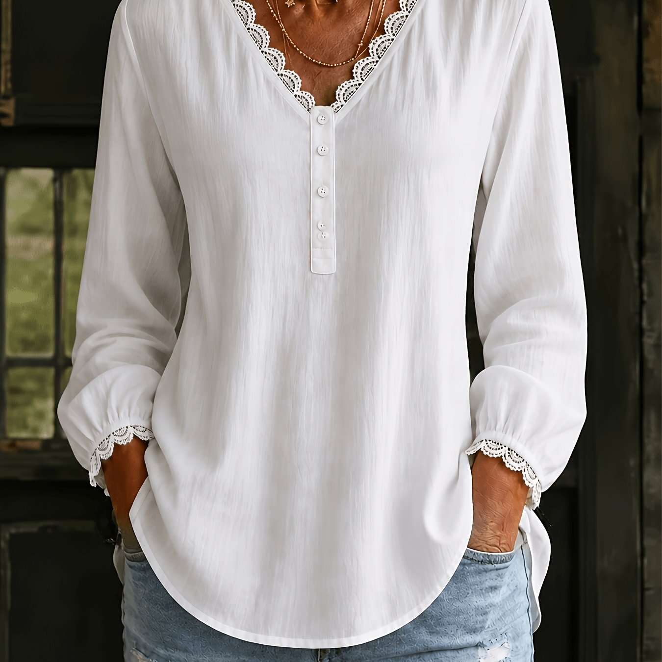 TEMU New Stunning Taxi Directional V-neck Solid Color Long Sleeve Shirt, Versatile Women's Shirt