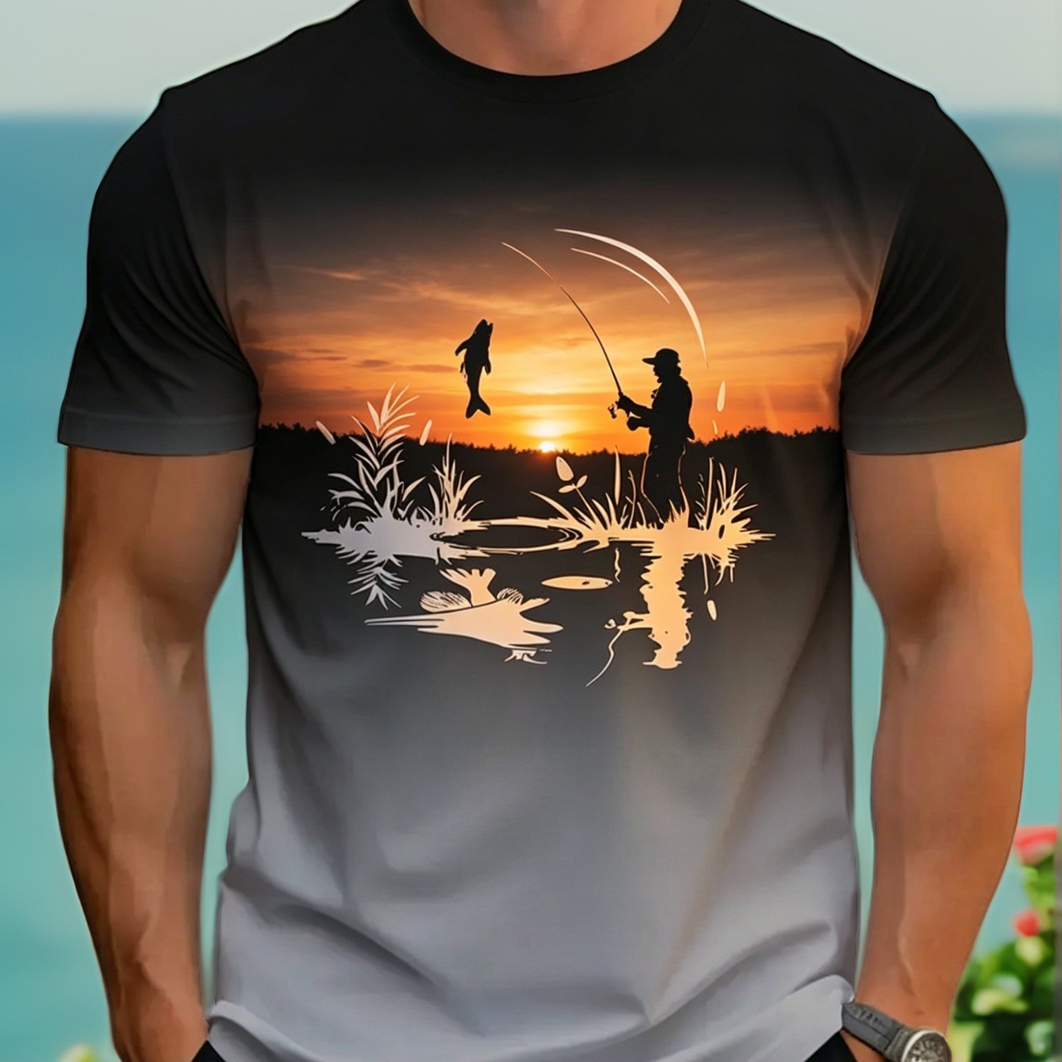 TEMU Summer 's Black Gray Gradient Round Neck Short Sleeve T-shirt, Full Print Sunset Fishing Silhouette, Lakeside Reeds And Water Ripple Elements,