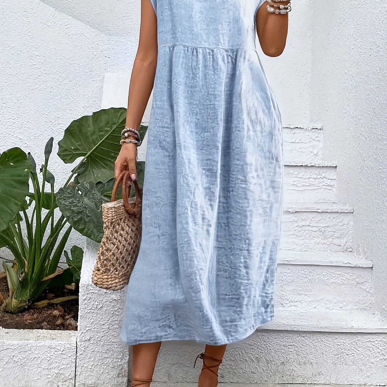TEMU Women's Round Neck Pocket Solid Color Sleeveless Loose Dress
