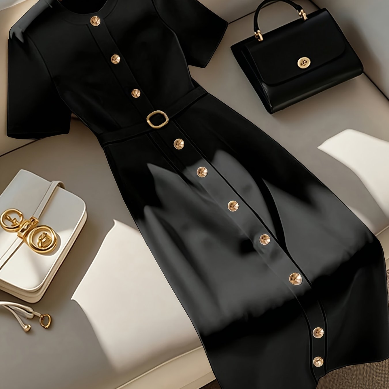 Aa1 Women's Elegant Minimalist Round Neck Single-breasted Short Sleeve Belted Midi Dress