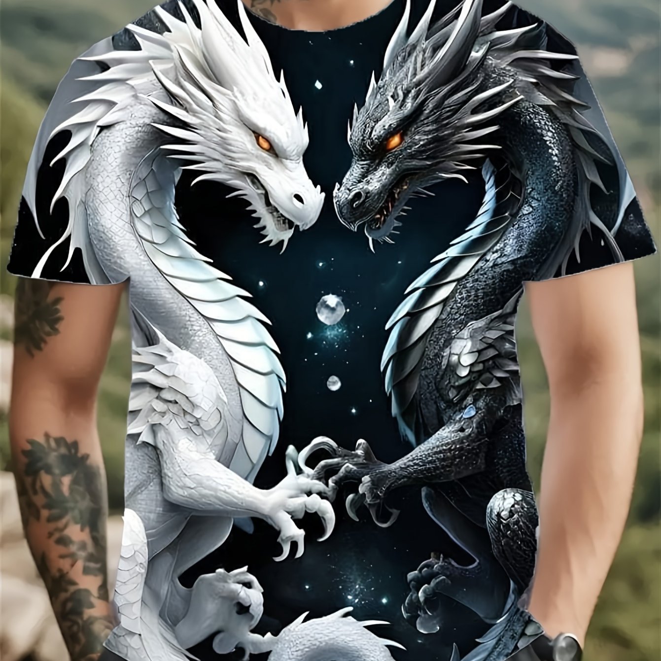 Plus Size's Trendy Casual Crew Neck T - Shirt, Black And White Twin Dragons Print With Design, Comfortable And Breathable For Daily Wear, European And , Plus Size