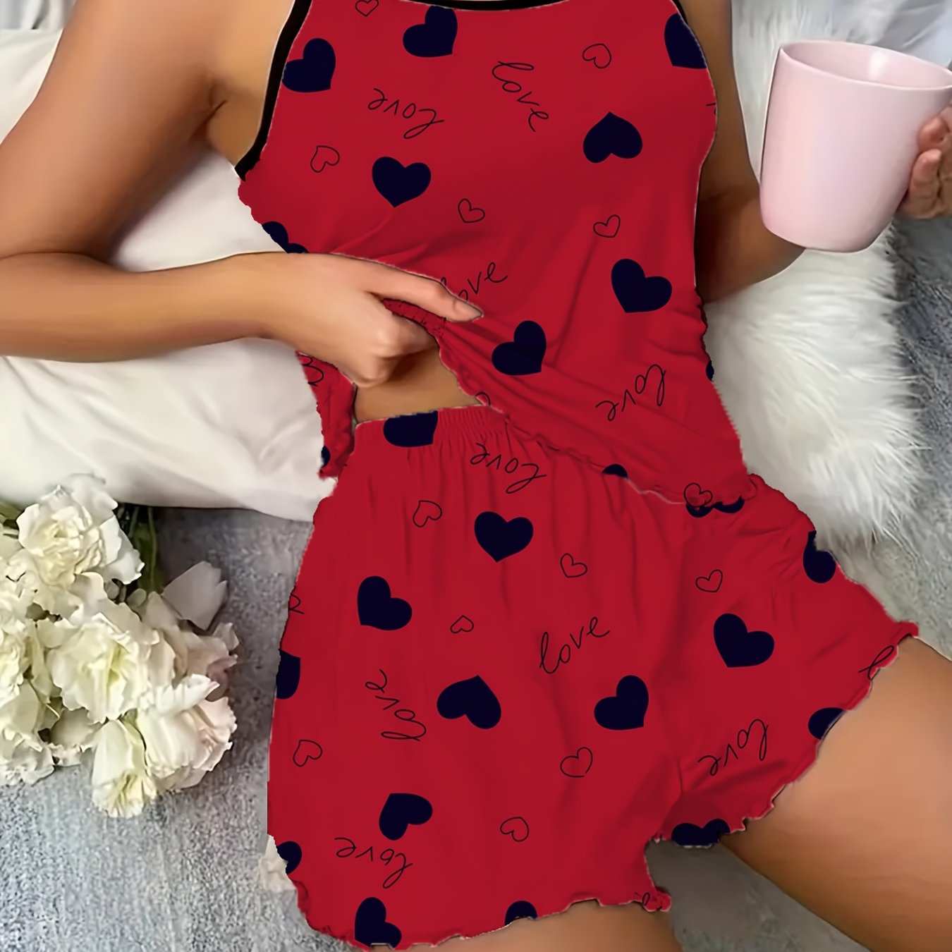Wine Red Heart Print Camisole Shorts Women's Pajama Set