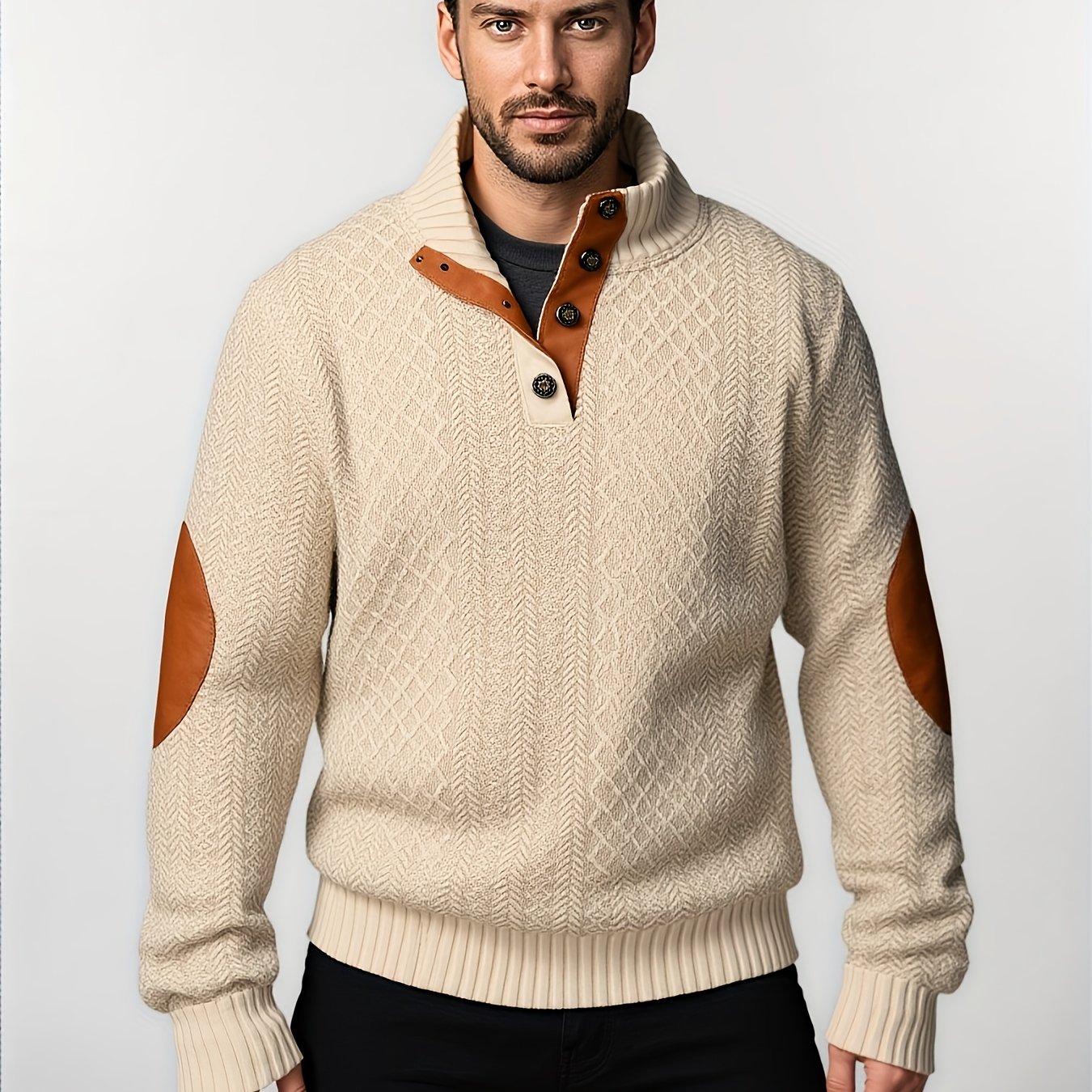TEMU Men's Quilted Sweatshirt Casual Long Sleeve Stand Collar Quarter Button Knitted Pullover Sweatshirts Icelandic Sweatshirts Men Men's Sweatshirts