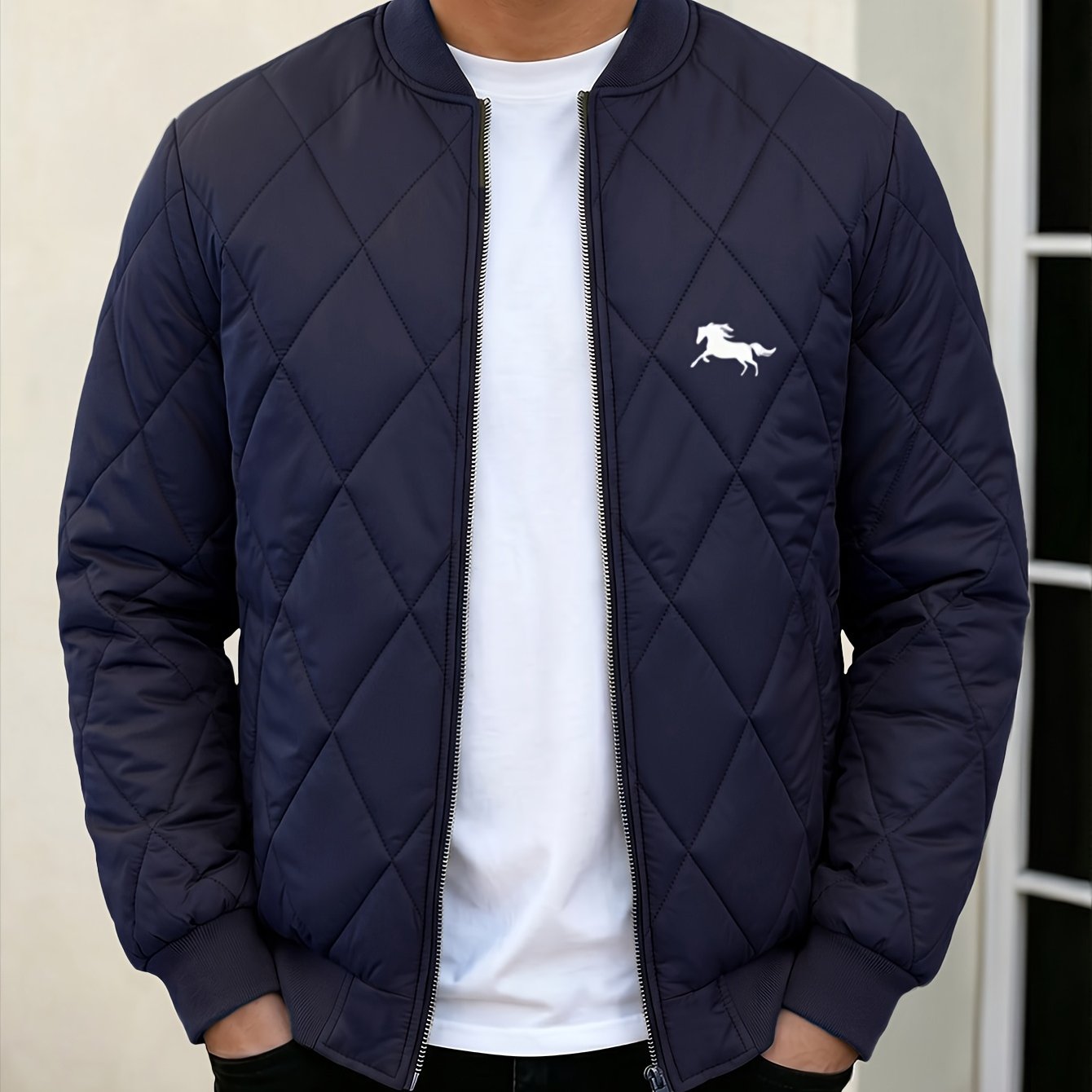TEMU -block Print Jacket Men's Diamond Quilting Loose Collar Autumn Winter Coat