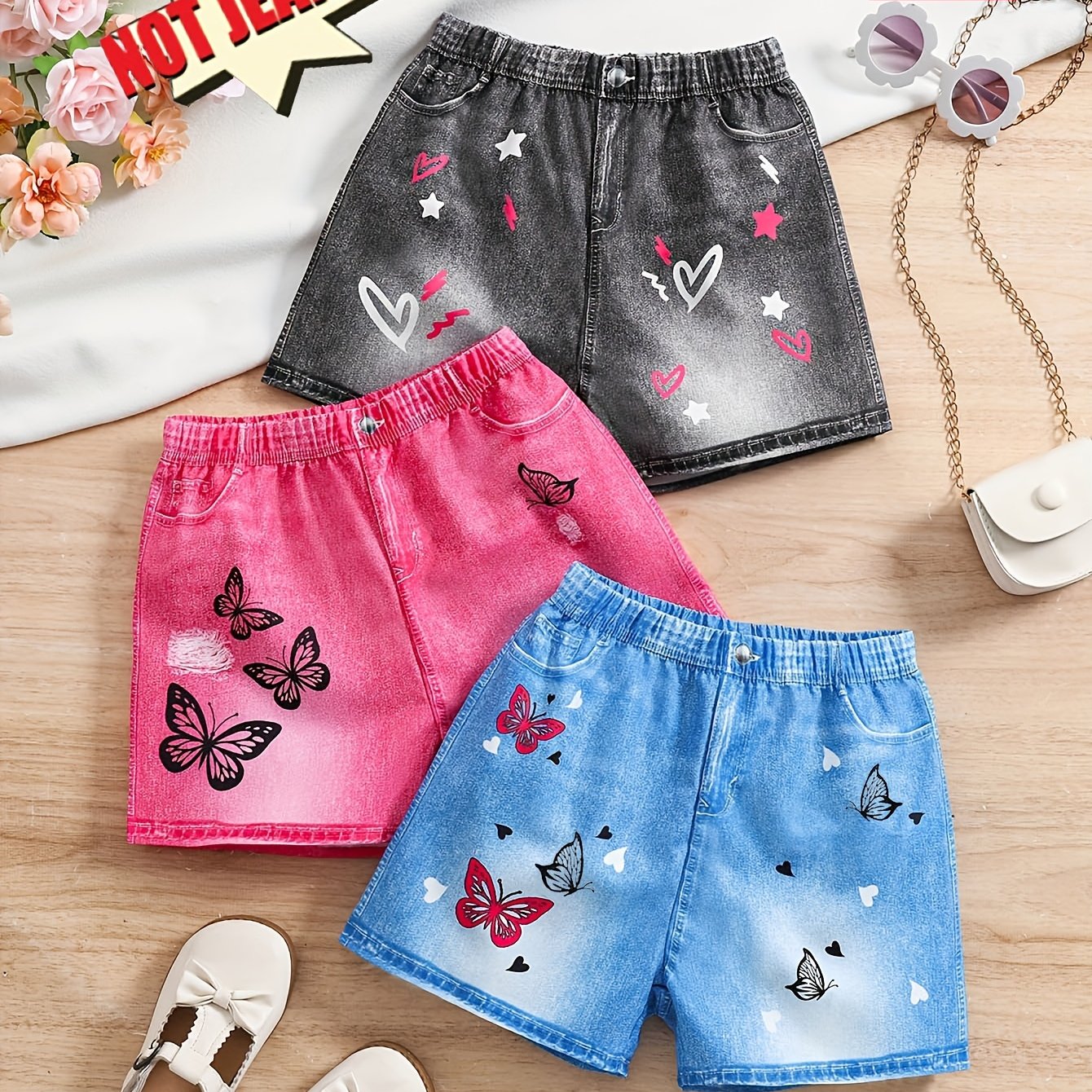 Image of Girls' Shorts 3pcs Set Girls' Denim Beautiful Butterflies Heart Fashion Shorts Summer Casual Wear Travel Sandbar Party Y2k Girls' Shorts Girls' Beautiful Trousers Outfit Girls, For Outdoor