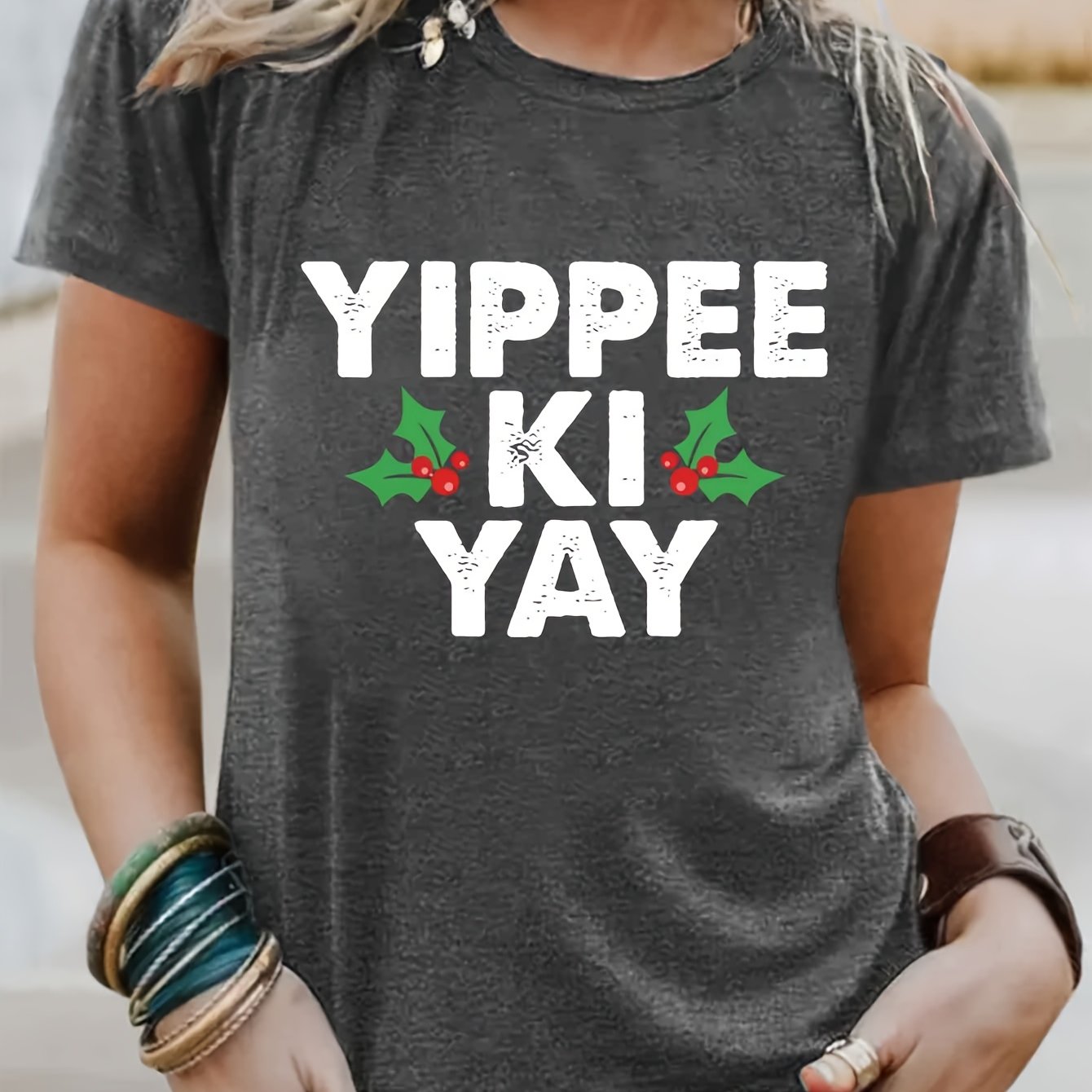 TEMU T-shirt à imprimé de lettres, haut décontracté à manches courtes et col rond pour l'été et , vêtements pour femmes