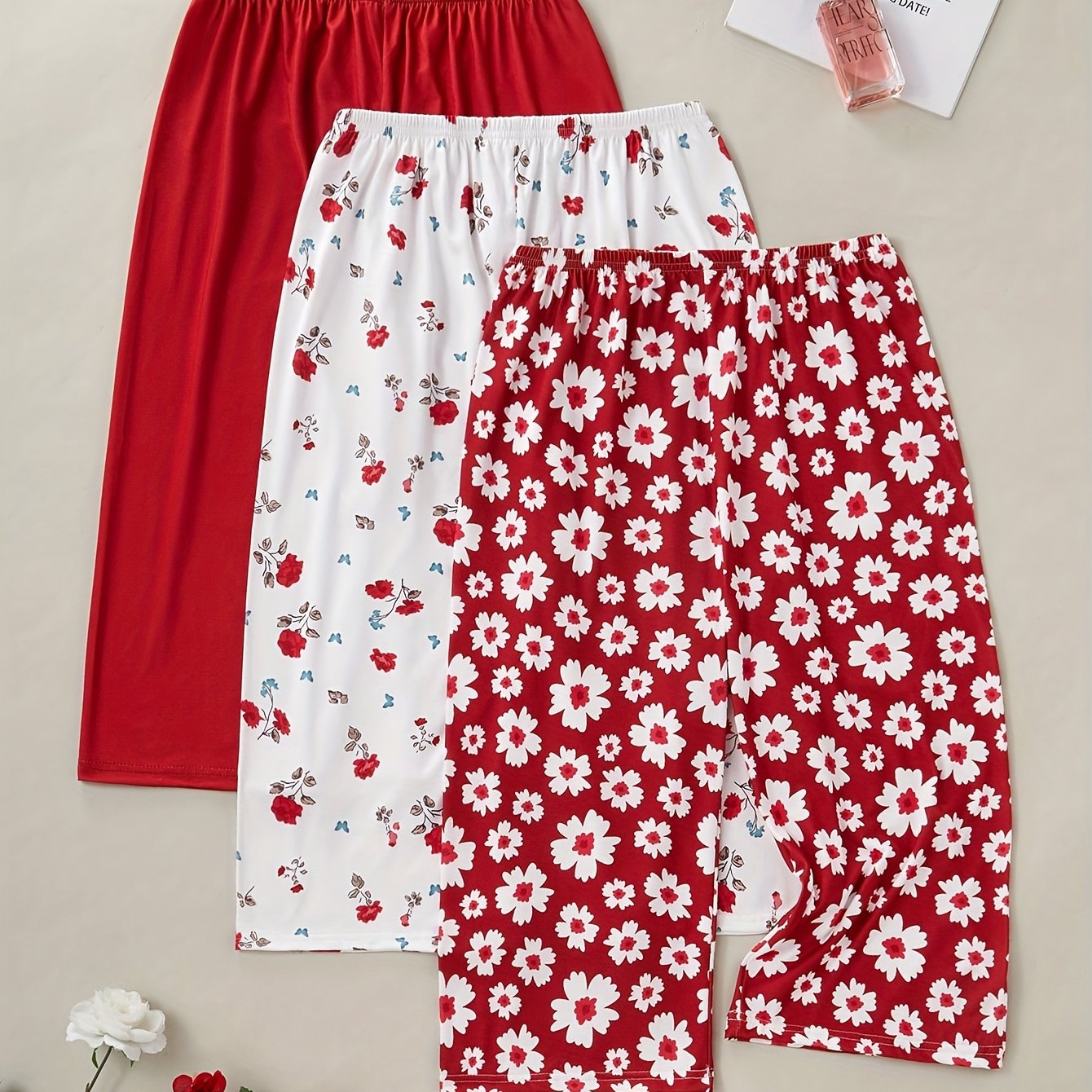 TEMU 3pcs Plus Size Women's Fashion Casual Outing Home Pants Pajamas, Soft Comfortable, Solid Color, Floral Pattern Full Print Capri Pants, 3-strip Size Casual Trousers