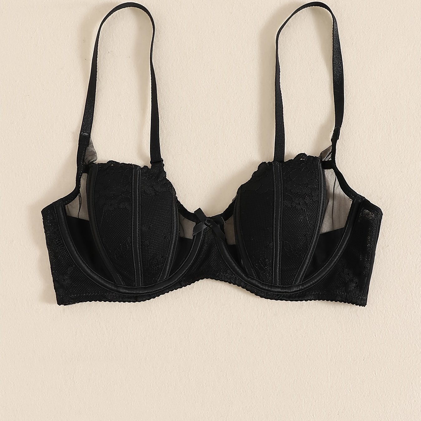 Valentine's Day Floral Embroidered Bra, Semi-sheer Thin Mesh Unlined Bra, Women's Lingerie & Underwear