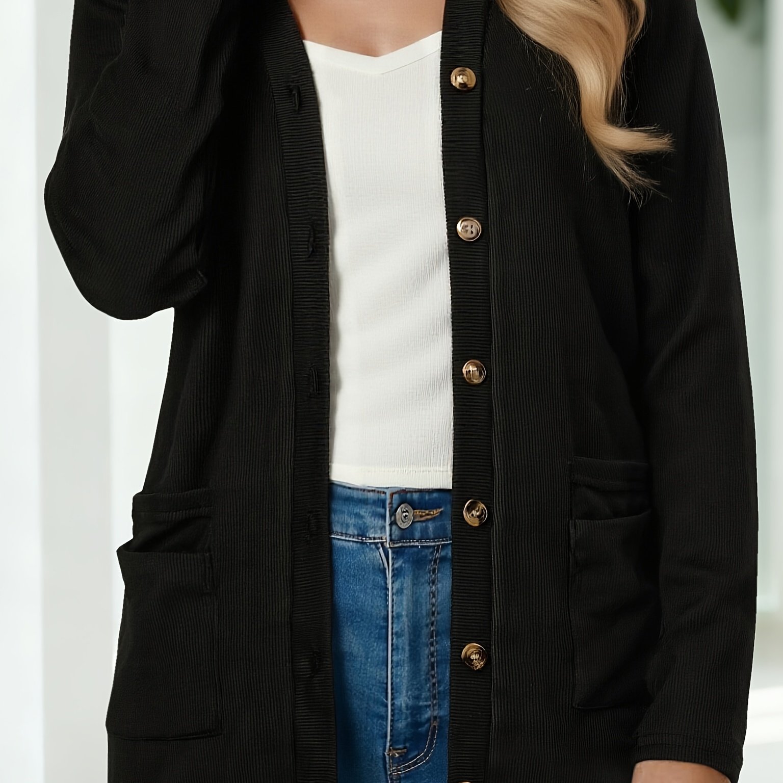 TEMU Plus Size, Plus Size V-neck Single-breasted Double Pocket Long Sleeve Cardigan, Simple And Elegant Outerwear For Spring And Autumn