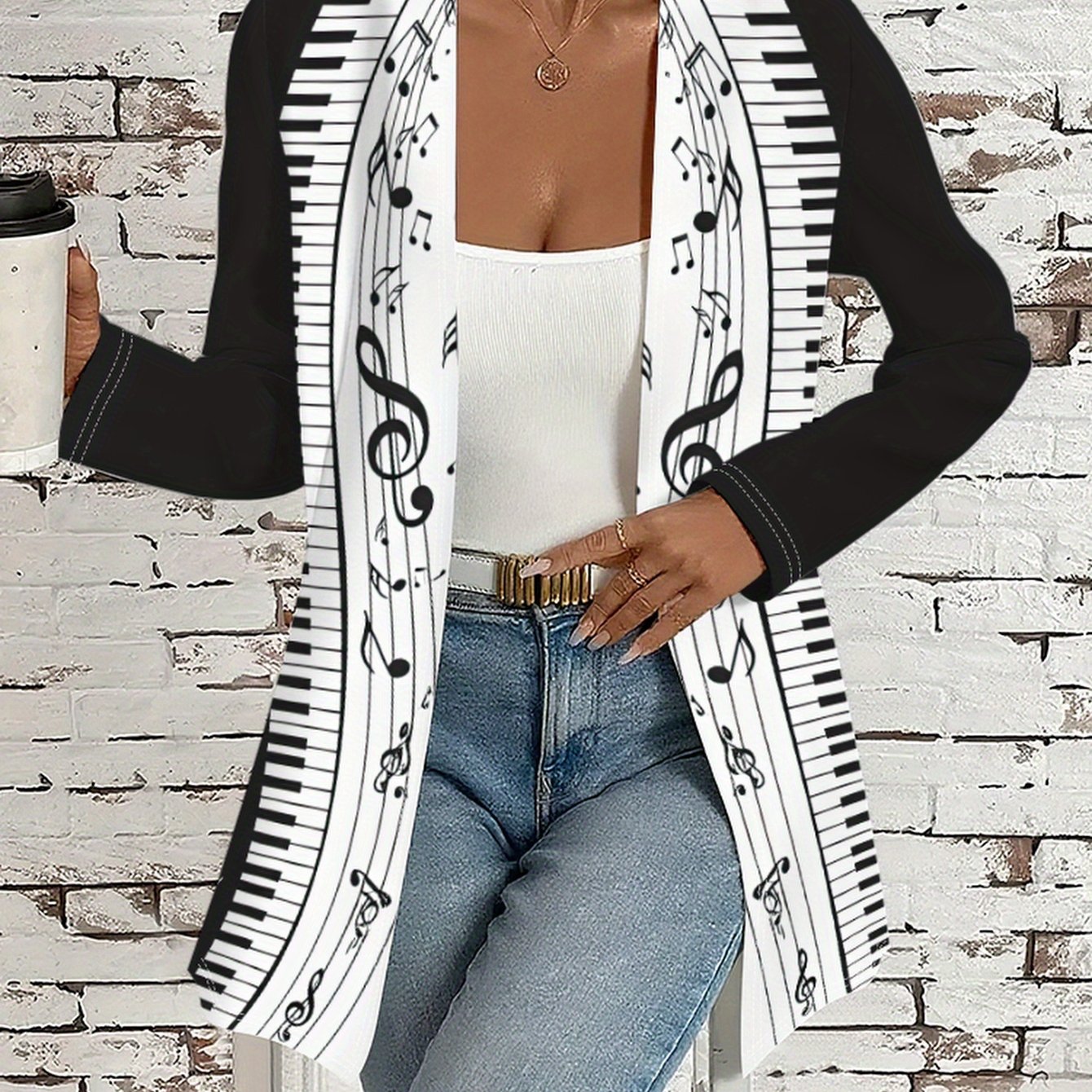 TEMU Women's Piano Key Print Cardigan, /autumn Fashion Jacket With Musical Elements, Versatile Casual Outerwear Top, Elegant Print Lightweight Open
