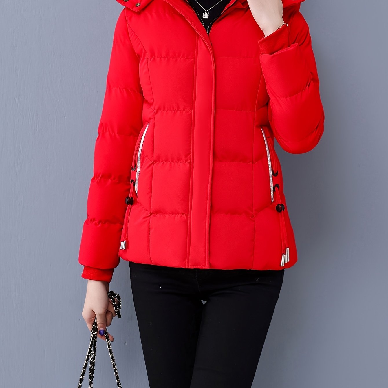 TEMU Solid Color Casual Red Stand-collar Long-sleeve Warm Jacket