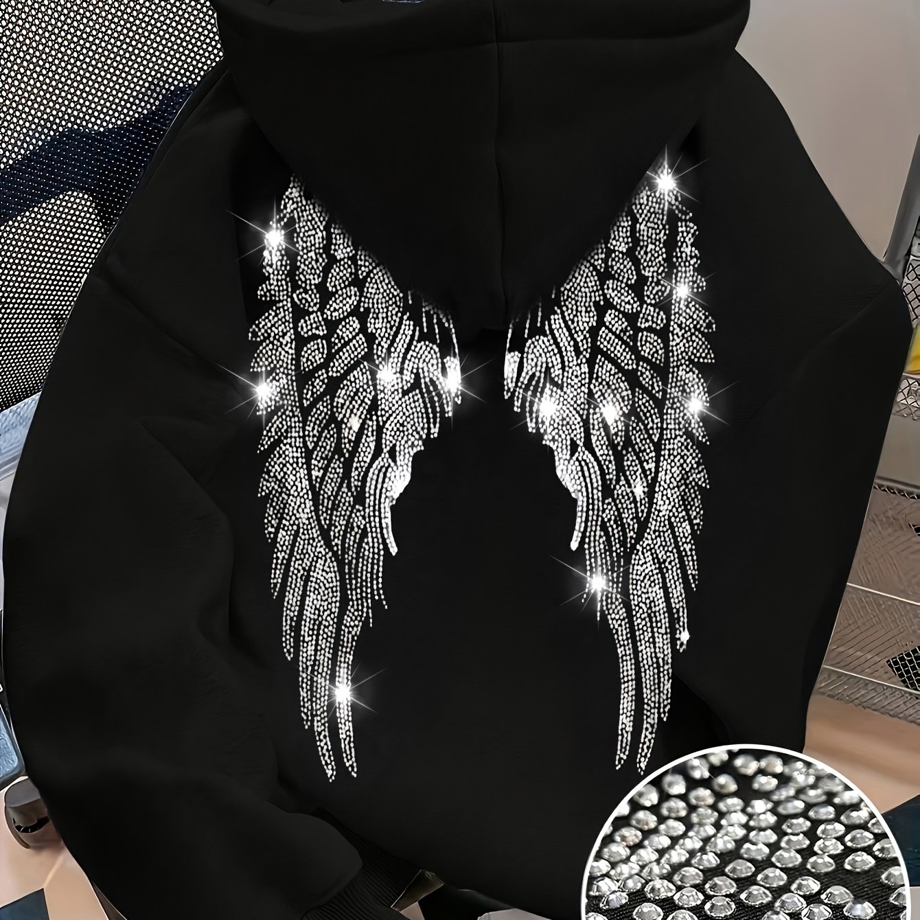 TEMU Women's Rhinestone Winged Glitter Hoodie Sweatshirt, Cute Women's Hoodie, Fall Clothes For Women, Back To, Women's Long Sleeve Pocket Drop