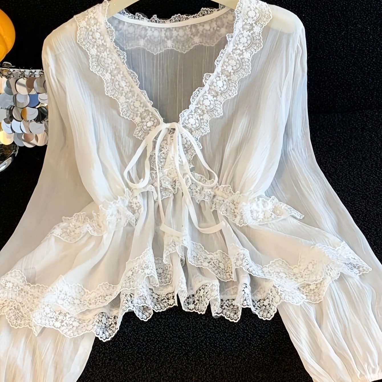 TEMU Summer Bohemian Style Women's Lace V-neck Blouse, Puff Sleeve With Tie-detail Ruffles, Fashionable And Versatile For Daily Wear, Dates,