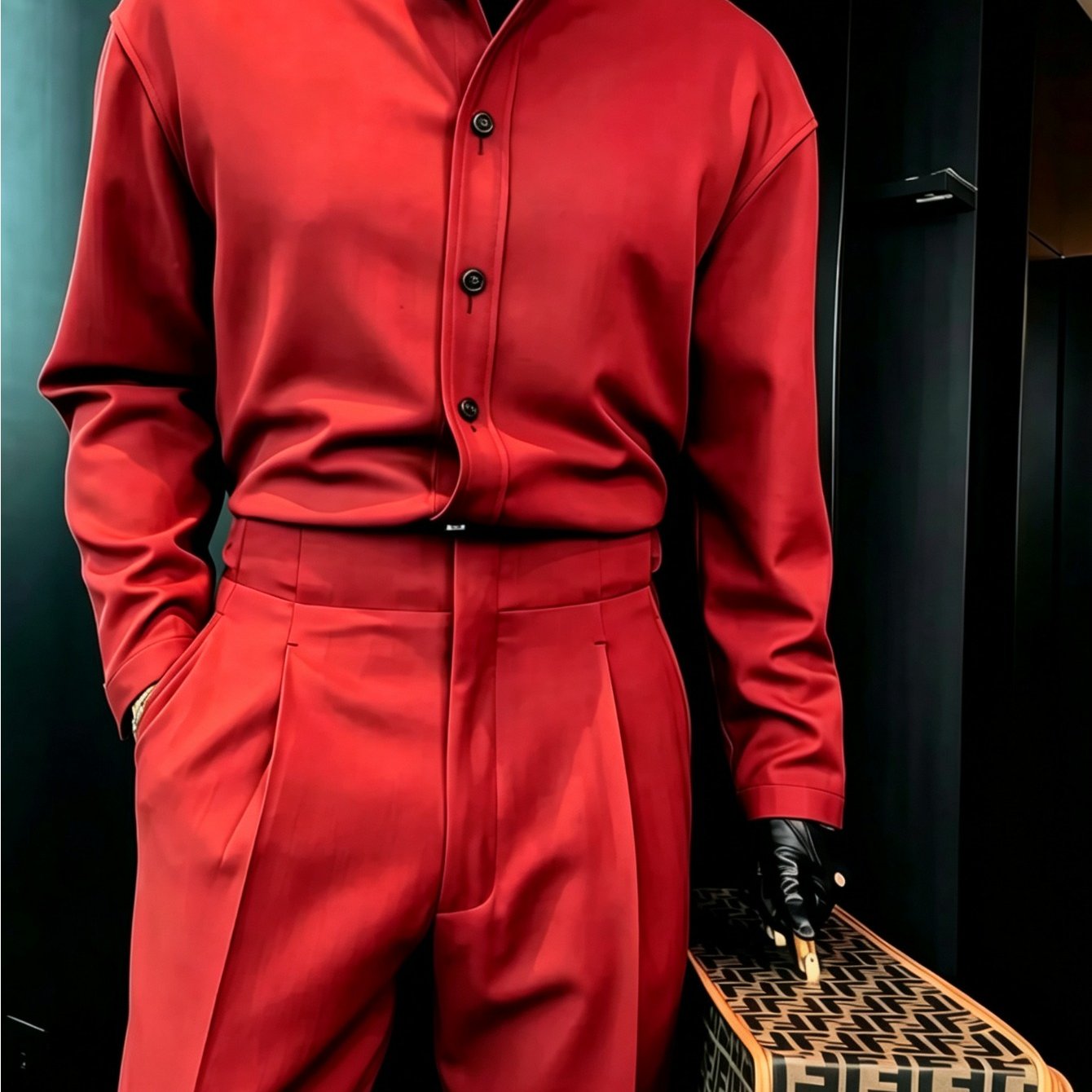 Image of Men's 2pcs Business Formal Suit Set Solid Collar Button Front Long Sleeve Shirt & High Waist Pleated Wide Leg Dress Pants Matching Outfit