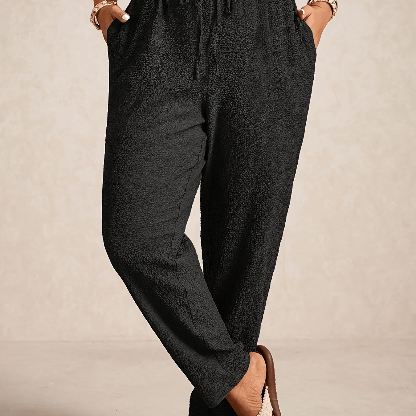 TEMU Plus Size Women' Belt Pocket Tapered Casual Trousers, Women's Spring/summer Clothing