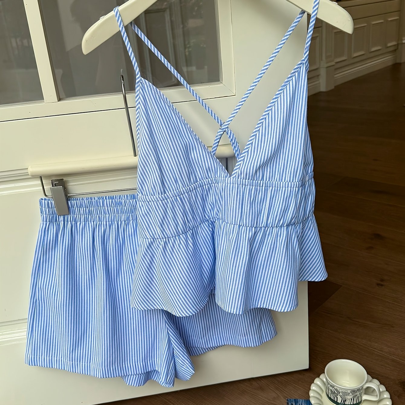 TEMU Set Estivo Donna e con Top Shorts a Righe con Spalline Incrociate