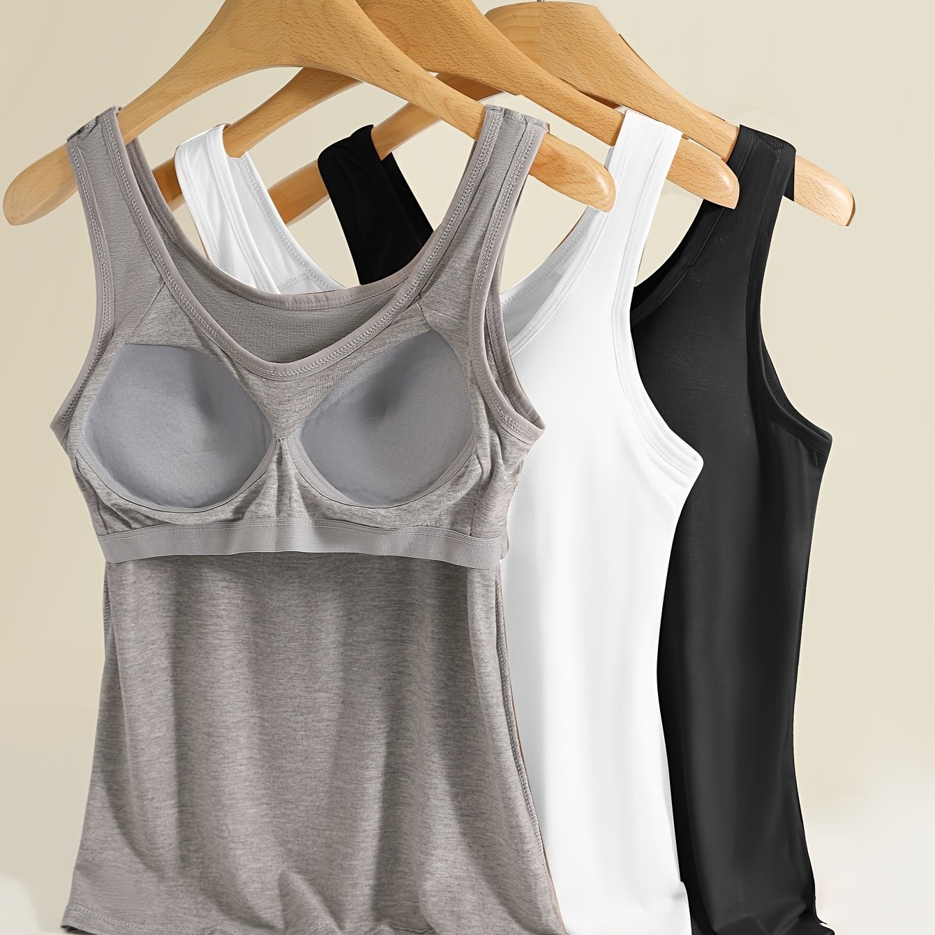 Image of 3pcs Wide Strap Support Vest Tops - With Padded Cups - Soft, Breathable, Stretchy, Comfortable Women's Underwear - Simple, Versatile, Fashionable Lingerie For Casual Attire