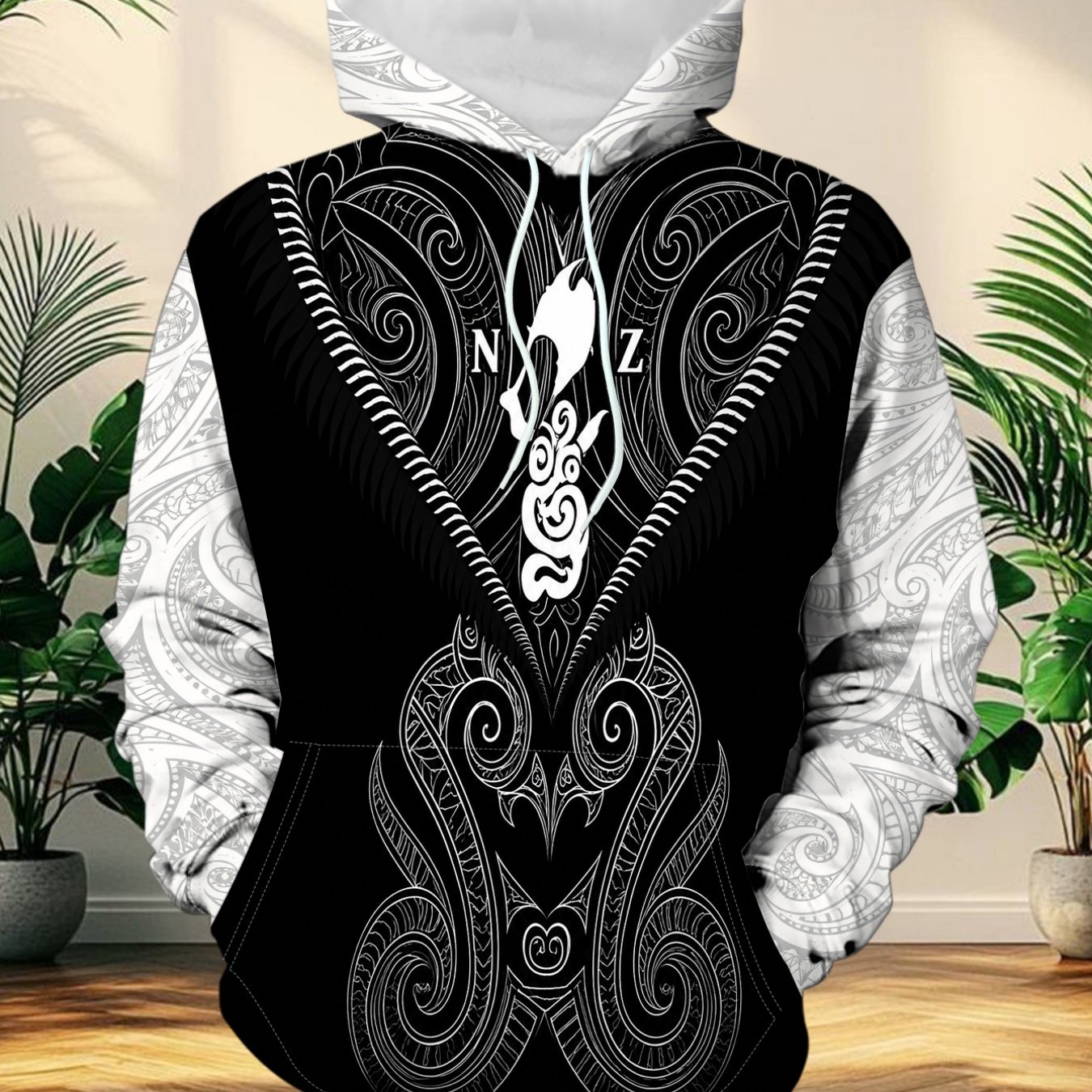 TEMU Men's New Zealand Maori Hoodie - Authentic Maori Tribal Print Sweatshirt With Spiral Patterns, Loose Fit Hooded Pullover For Autumn/, Casual