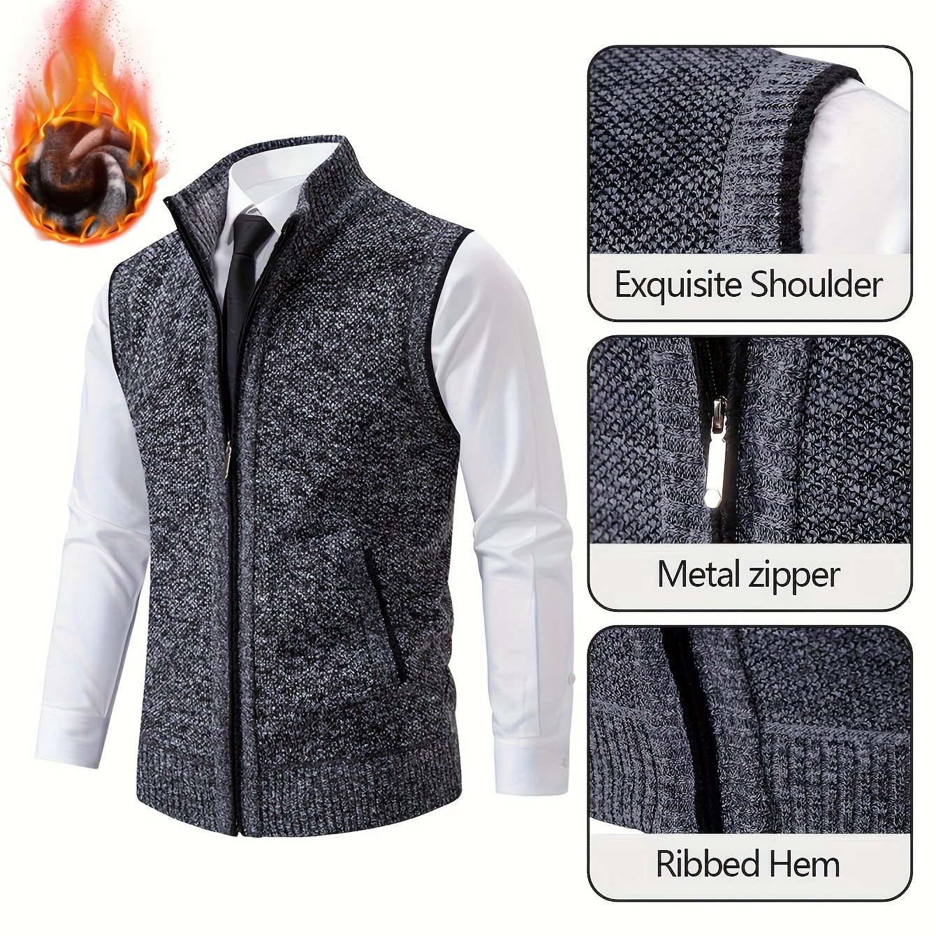 TEMU Zippered Solid Color Warm Men's Vest, Fashion Autumn Winter Adult Vest, Suit Vest, Men's Sports Knit Sweater, Men's Vest, -lined Zippered