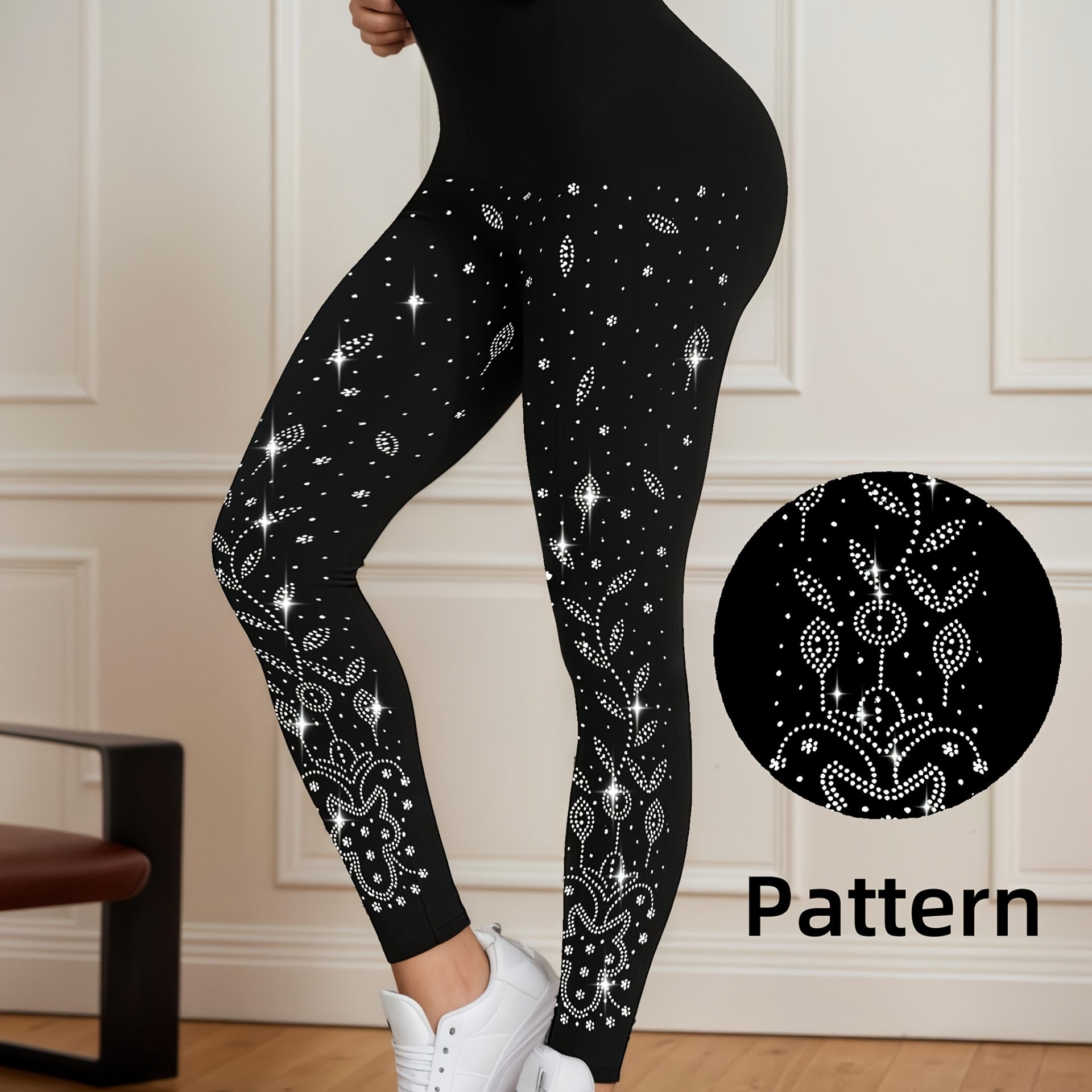 TEMU Pantaloni stampati - Non in tessuto denim] Leggings da donna lussuosi slim- denim lucido con decorazioni a strass a forma di foglia - Pantaloni