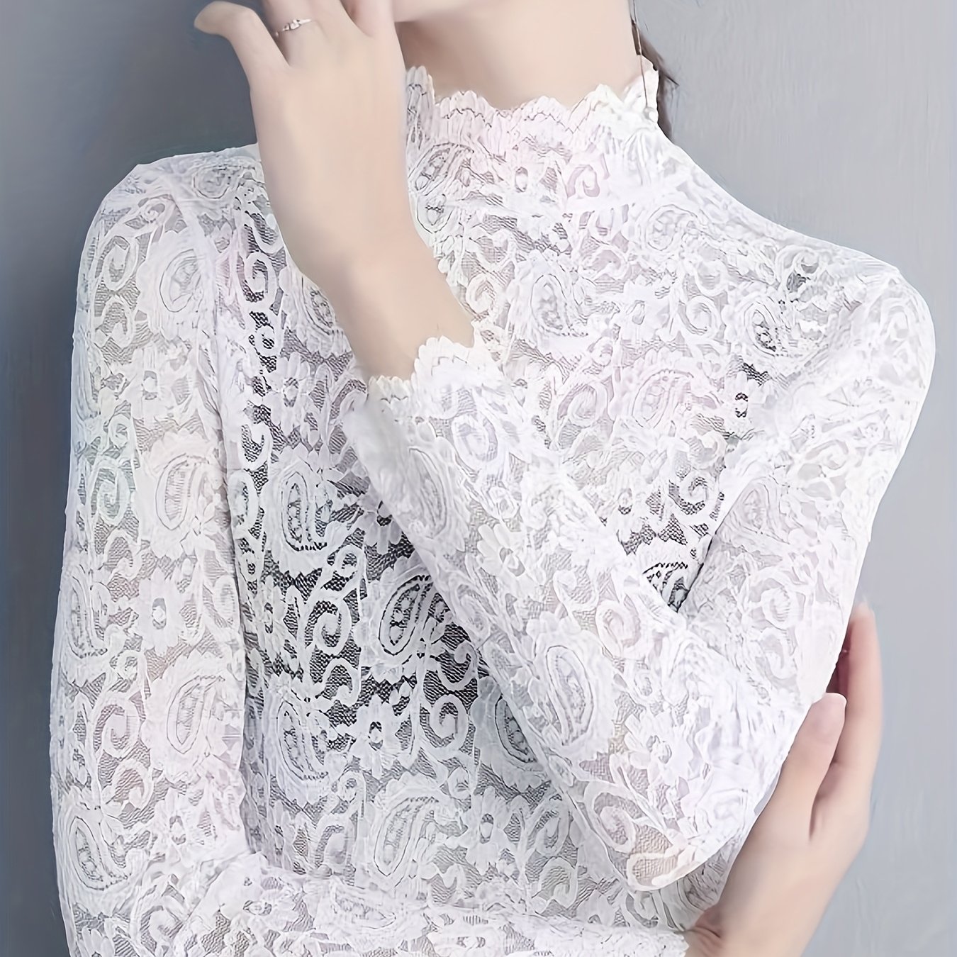 TEMU Women's Elegant Sheer Long Sleeve Blouse With Lace Trim - Lightweight Breathable Top, Hand Wash Only, Versatile Layering Piece For Casual &