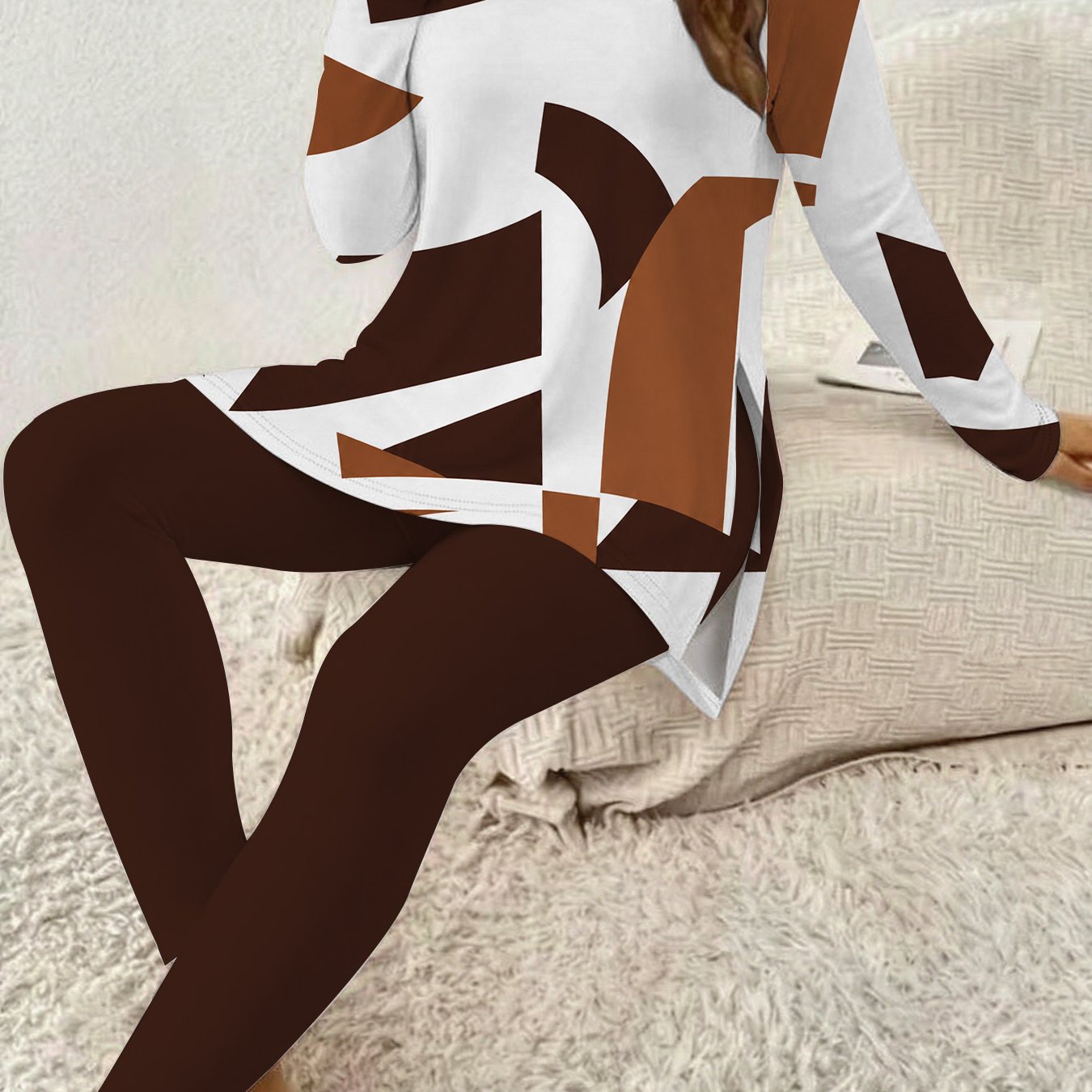 TEMU Plus Size, Plus-size Women's Wear Suit: Geometric Color-block Round-neck Long-sleeved T-shirt With Flanks-slit Top With Long Pants. Spring,
