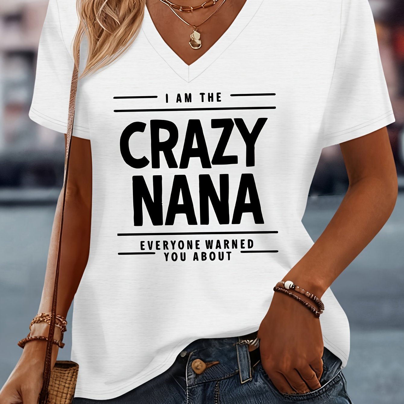 TEMU Women's V-neck Short Sleeve T-shirt With Crazy Letter Print - Spring Summer Casual Blouse, Comfortable For Family Matching Outfits, Medium