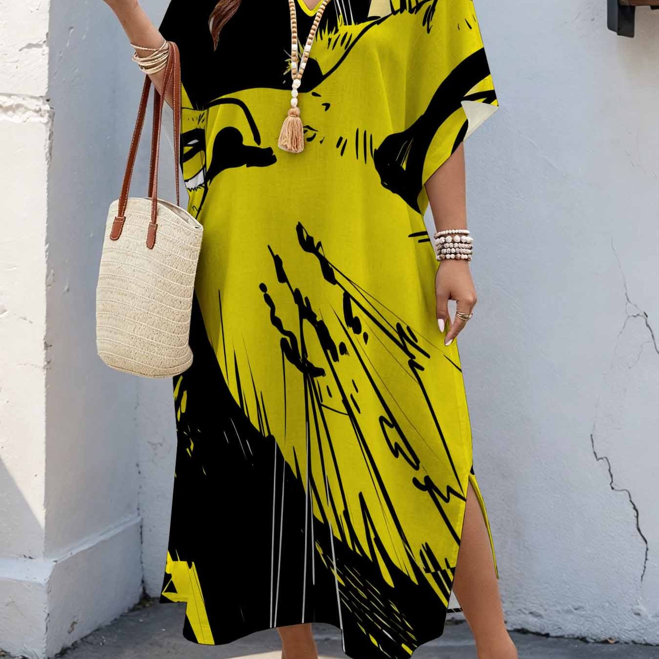 Image of Plus Size, Plus Size Women's 08xl Artistic Minimalist Style, Abstract Lion Print Maxi Dress, Batwing Sleeve Dress With Double Side Slits, Loose Casual Summer Dress For Curvy Women