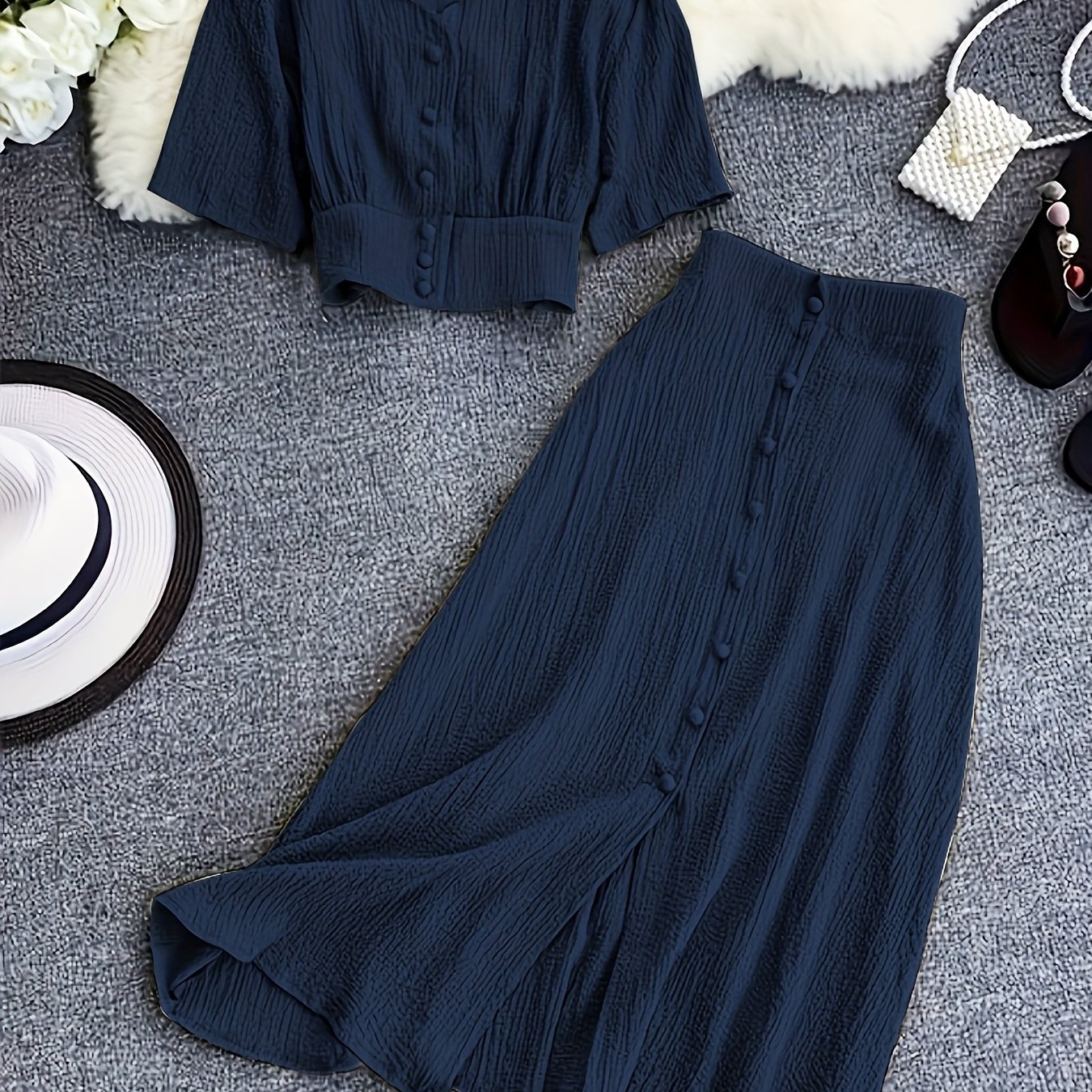 E-shop Damen Einfarbiges V-Ausschnitt Kurzes Oberteil und Mittellanger Rock mit Schlitz Elegantes Zweiteiliges Set [NS702]