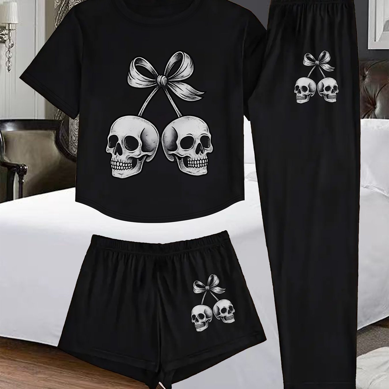 TEMU (standard 1002# Set) Women's Three-piece Set, Printed Design Women's Pajama Three-piece Set, Comfortable Clothing