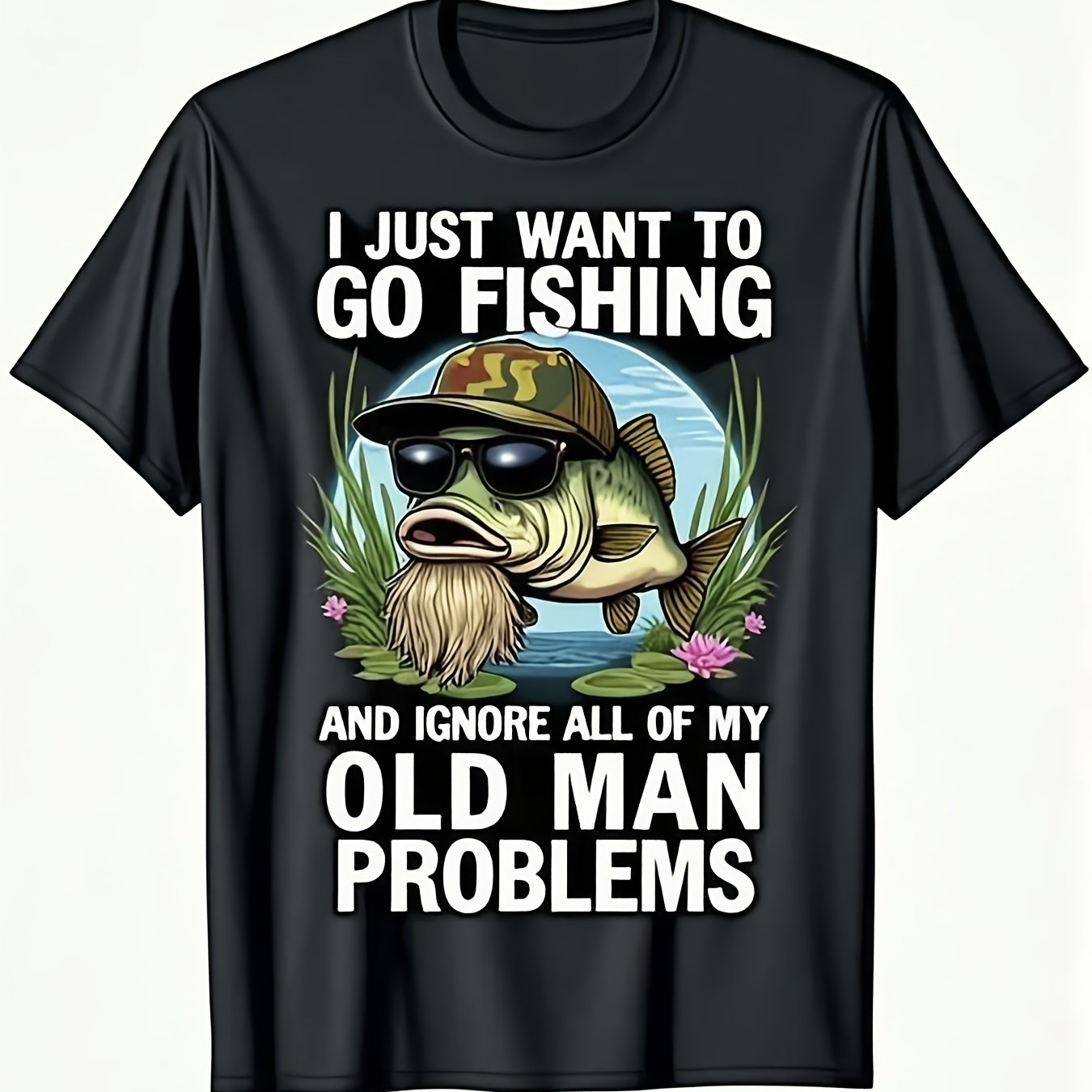 TEMU Men's Funny Fishing Tshirt With & For Man Problems Sloganbreathable Polyester Loose Fit Tee Fishing Rod & Fish Print Design Suitable For Allsjpg