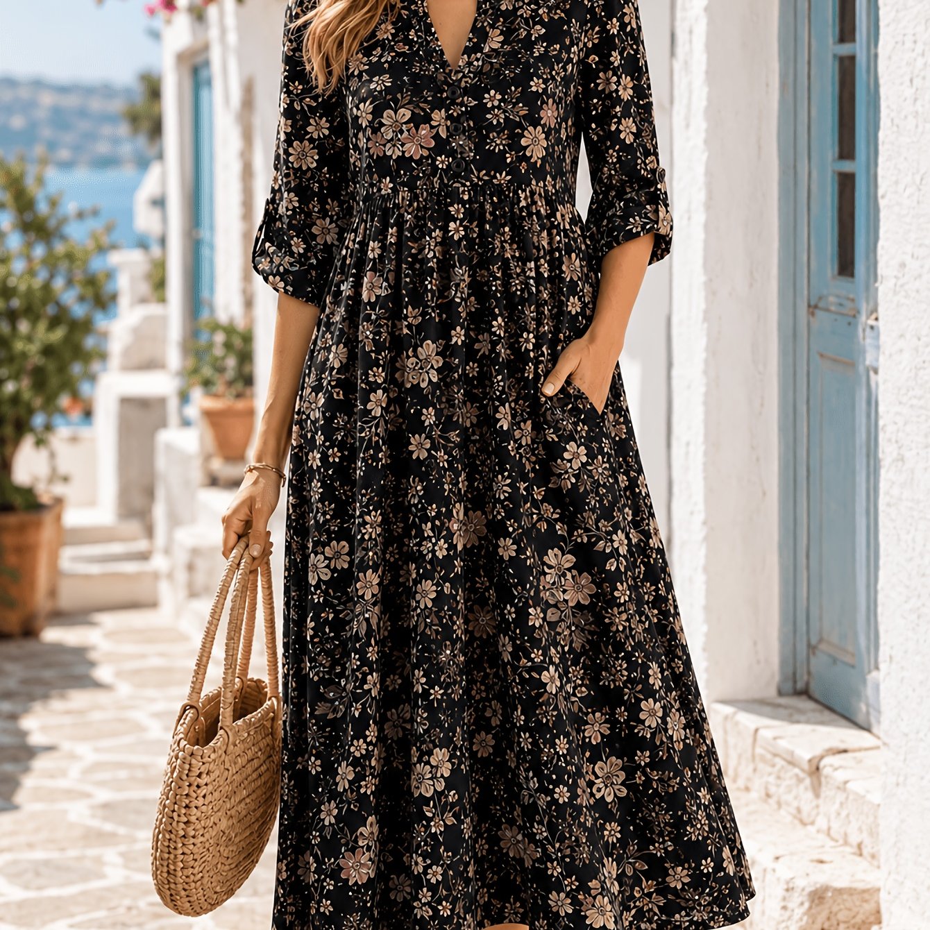 Plus Size, Beige Rainbow Abstract Print Midi Dress For Women V Neck Button 3 4 Sleeve Loose Fit Pleated Waist A Line Casual Dresses With Pockets Beachwear