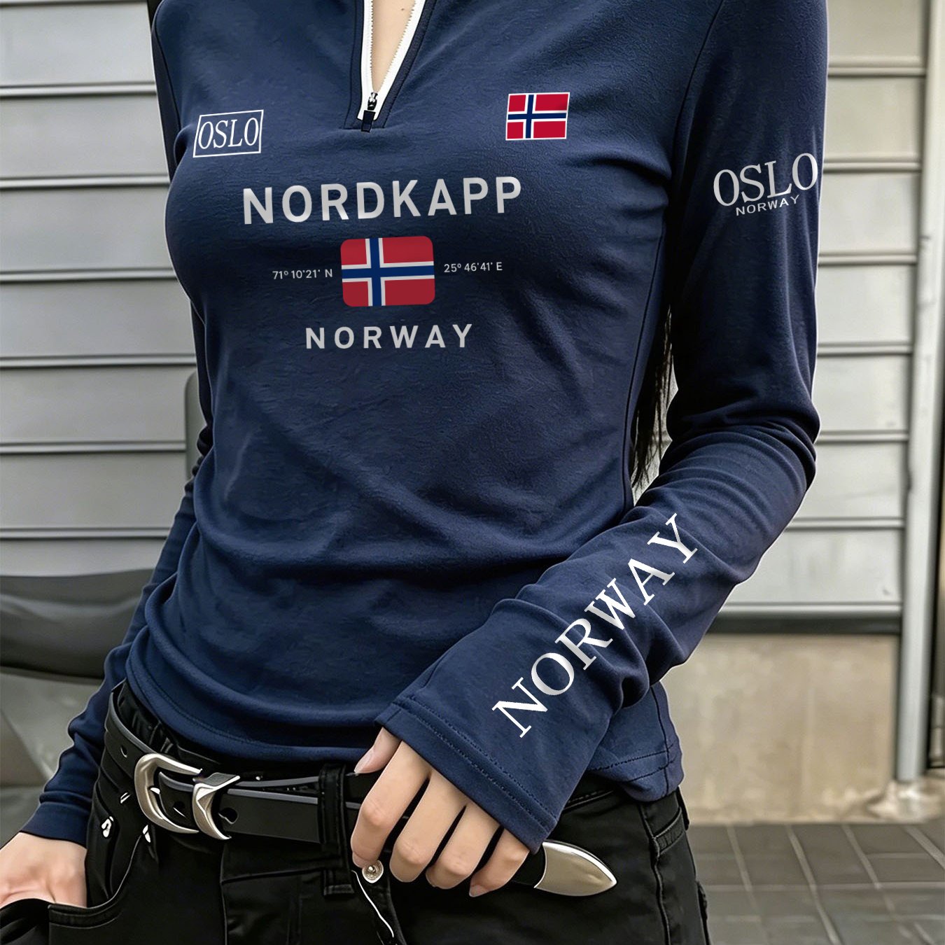 TEMU Langarm-Top mit halbem Reißverschluss Nordic-City-Logo-Druck, lässiges, vielseitiges Slim-Fit-T-Shirt mit Stehkragen