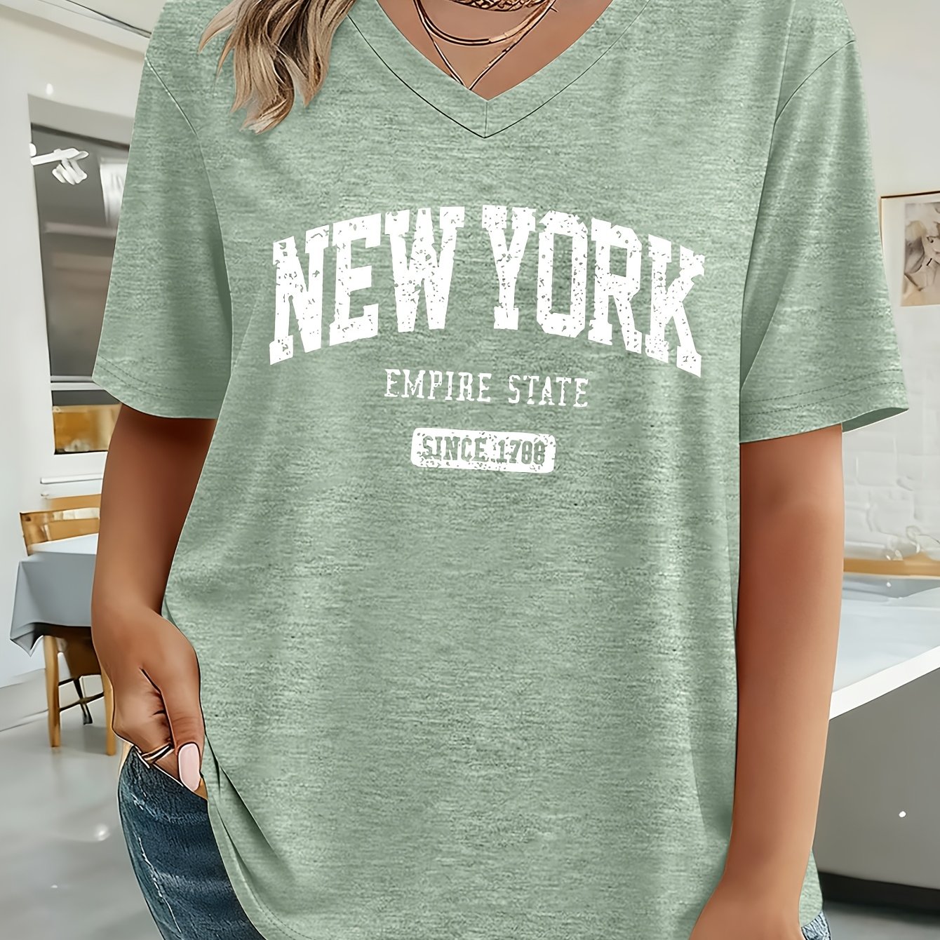 TEMU Plus Size Women's Oversize Vintage Distressed Letter Print V-neck Short Sleeve T-shirt, American Preppy Style Loose Top, Spring Summer Fall