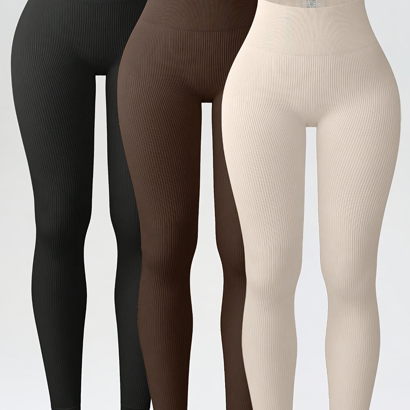 TEMU 3pcs Ribbed Solid Color Yoga Leggings, Seamless Lifting Wide Waistband Sports Tight Pants, Women's Activewear