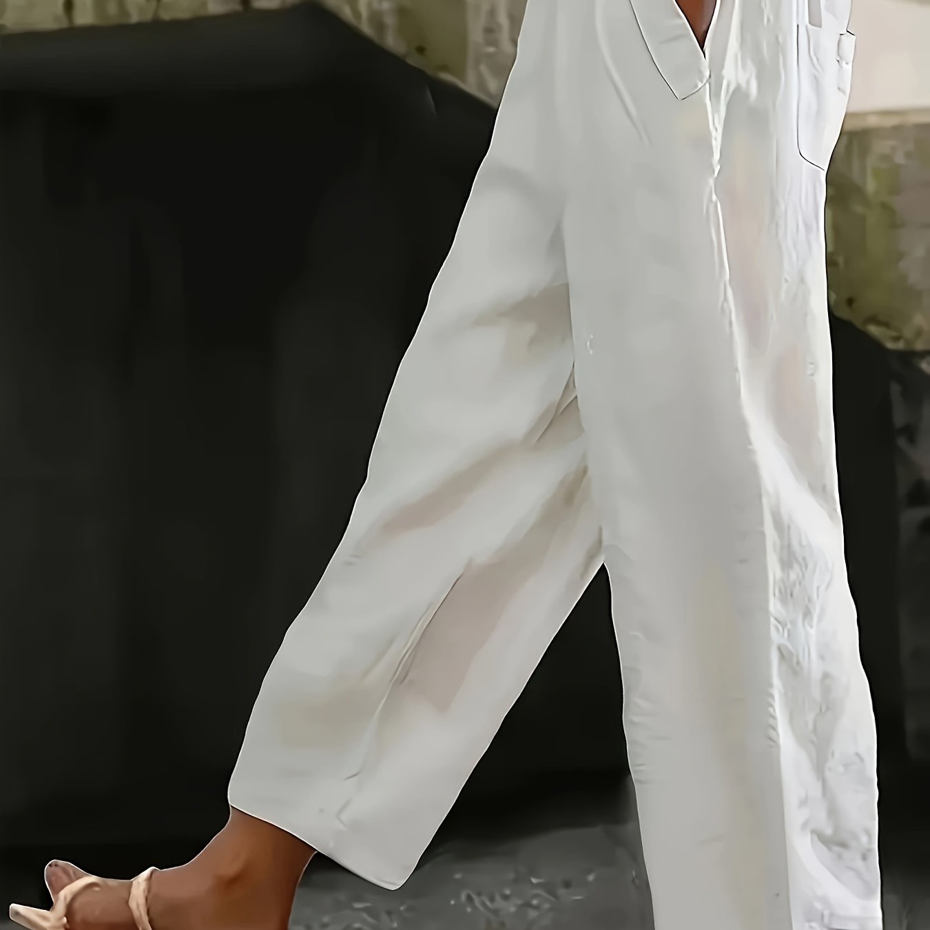 Plus Size - Plus Size - Elastic Waist Pockets, Solid Trousers, Casual All-match Trousers With Pockets, Women's Plus Size