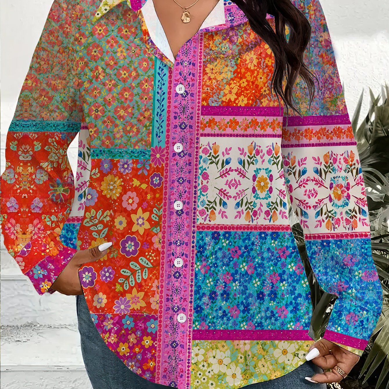 TEMU Plus Size Women's Long Sleeve Button Shirt Cardigan Loose Fit Lightweight Chiffon Blouse Colorful Floral Daily Work Office Beach Vacation Tops