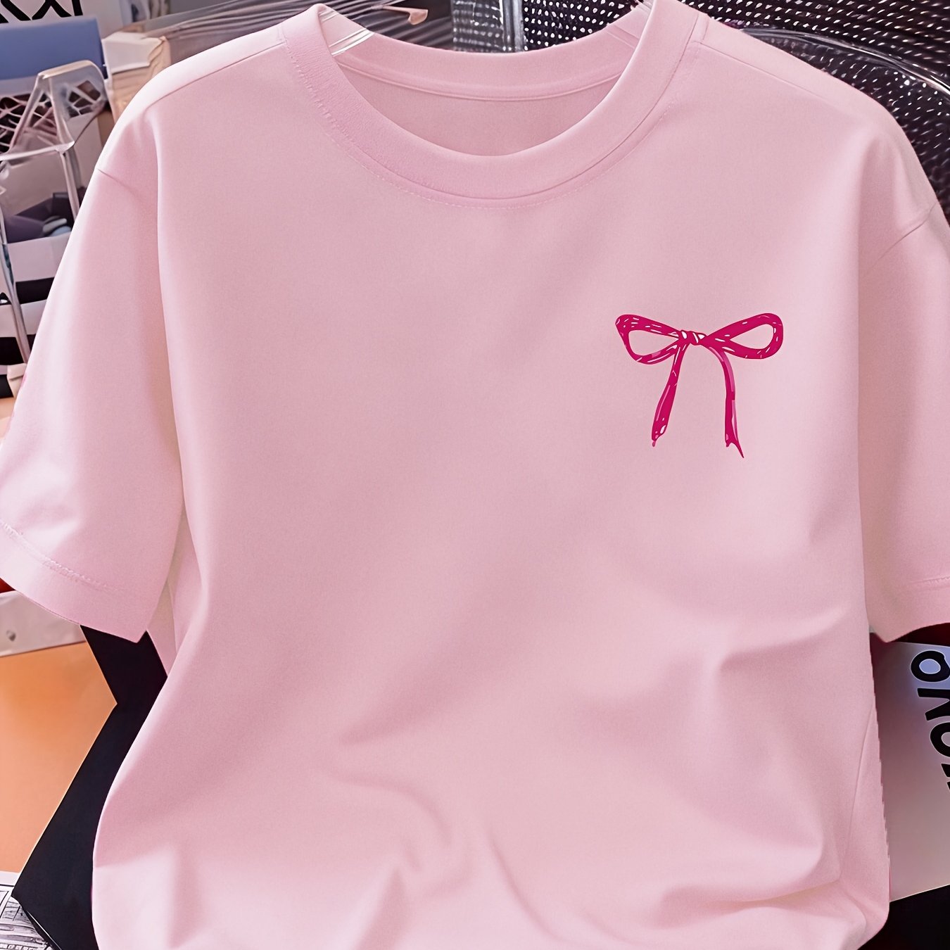 TEMU 2026 Spring/summer New Y2k Pink Bow Pattern Printed T-shirt, Casual Trendy Comfortable Niche Short Sleeve Tee