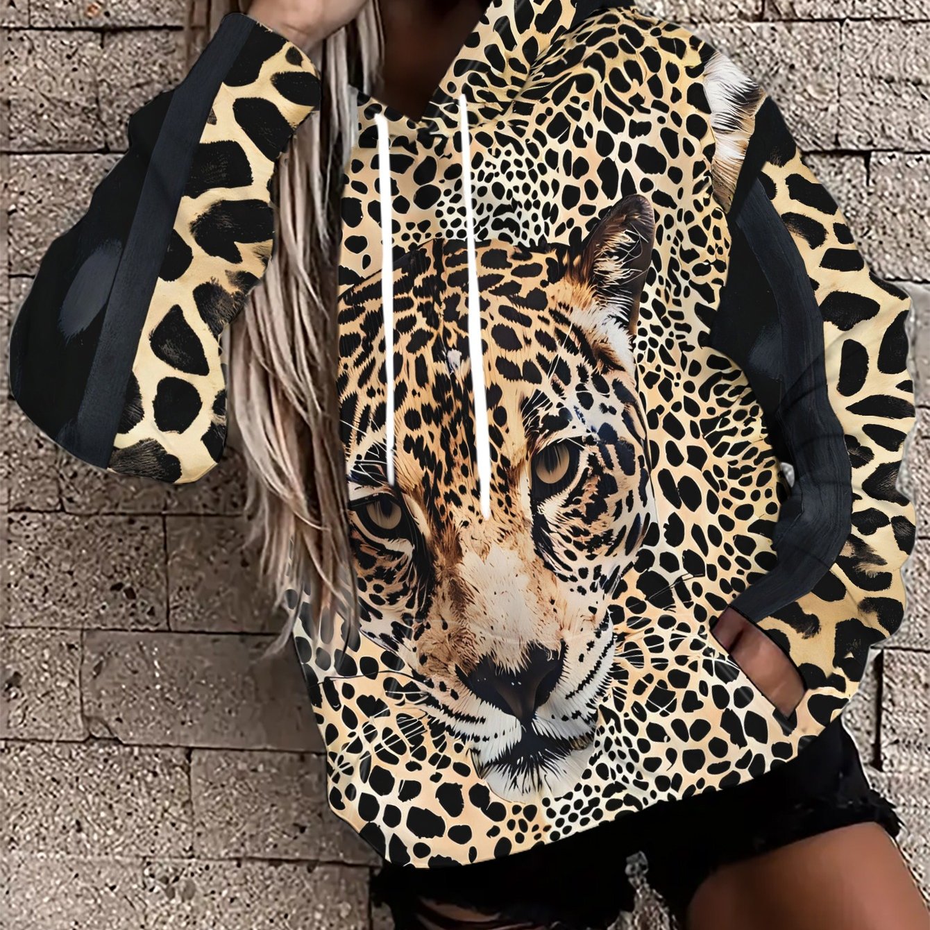 TEMU Women's Casual Leopard Print Hooded Sweatshirt With Leopard - Machine Washable Polyester, Drawstring