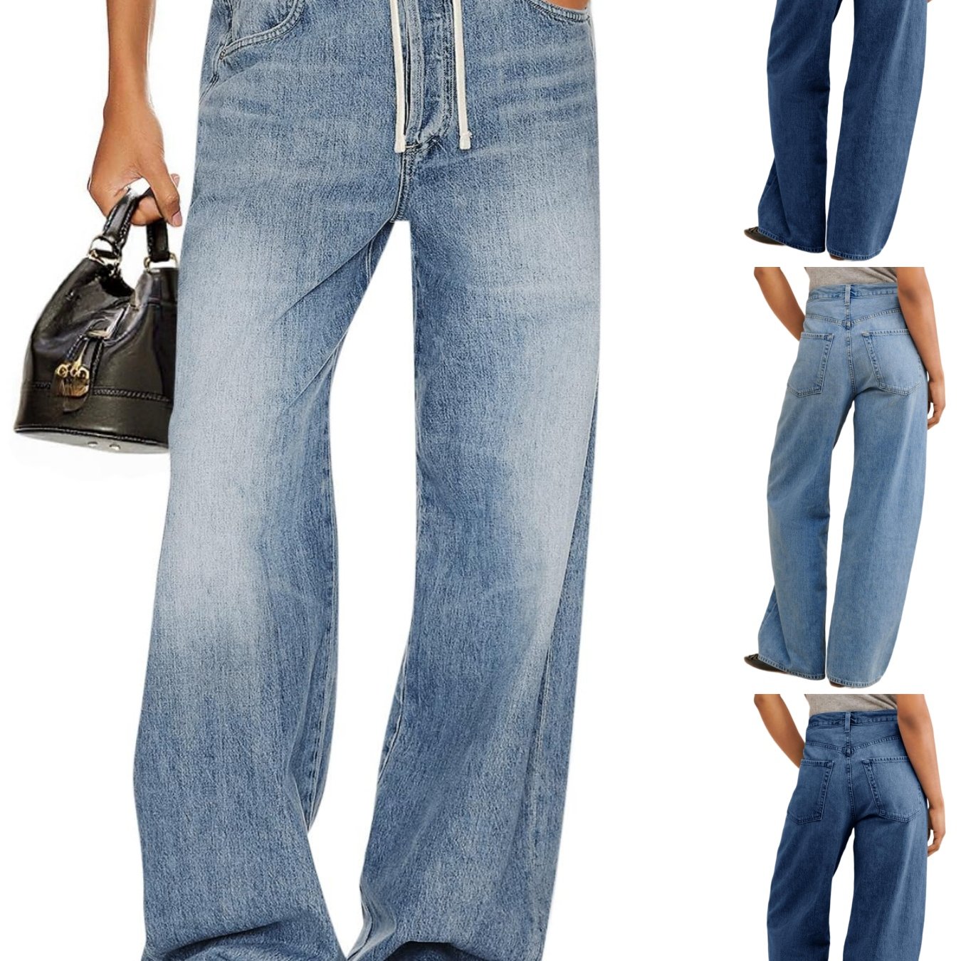 Image of Women's Wide Leg Jeans Drawstring High Waisted Baggy Straight Leg Jeans Trendy Denim Pants With Pockets