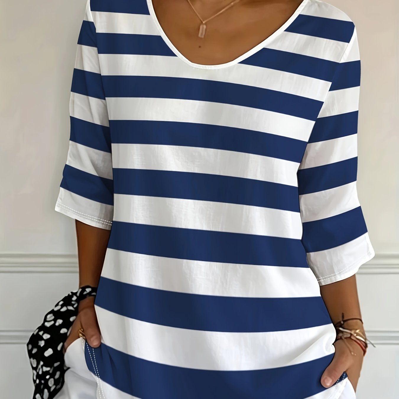 TEMU Plus Size, Casual And Fashionable Holiday Women's Regular Fit Striped -quarter Sleeve T-shirt Top